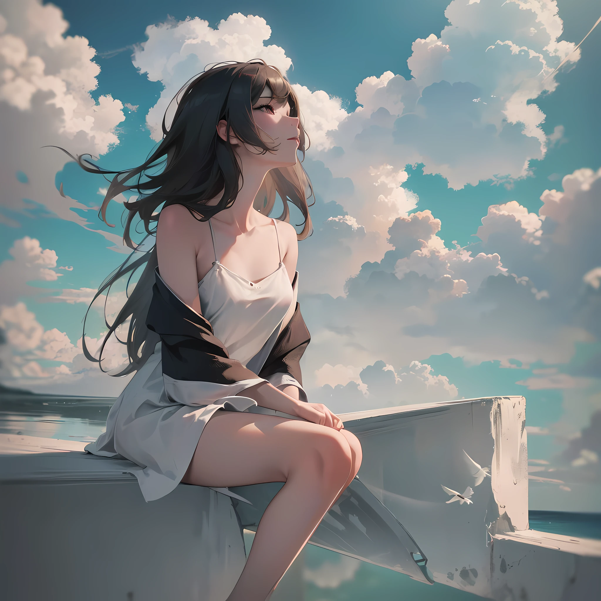 girl, nude, sitting, front view, wide angle, looking at viewer, on clouds, clouds, detailed birds, detailed exterior, octane renderer, realistic 3d, sunlight, actual rendering, screen space reflection, ssao, water reflection , subsurface scattering, edge lighting