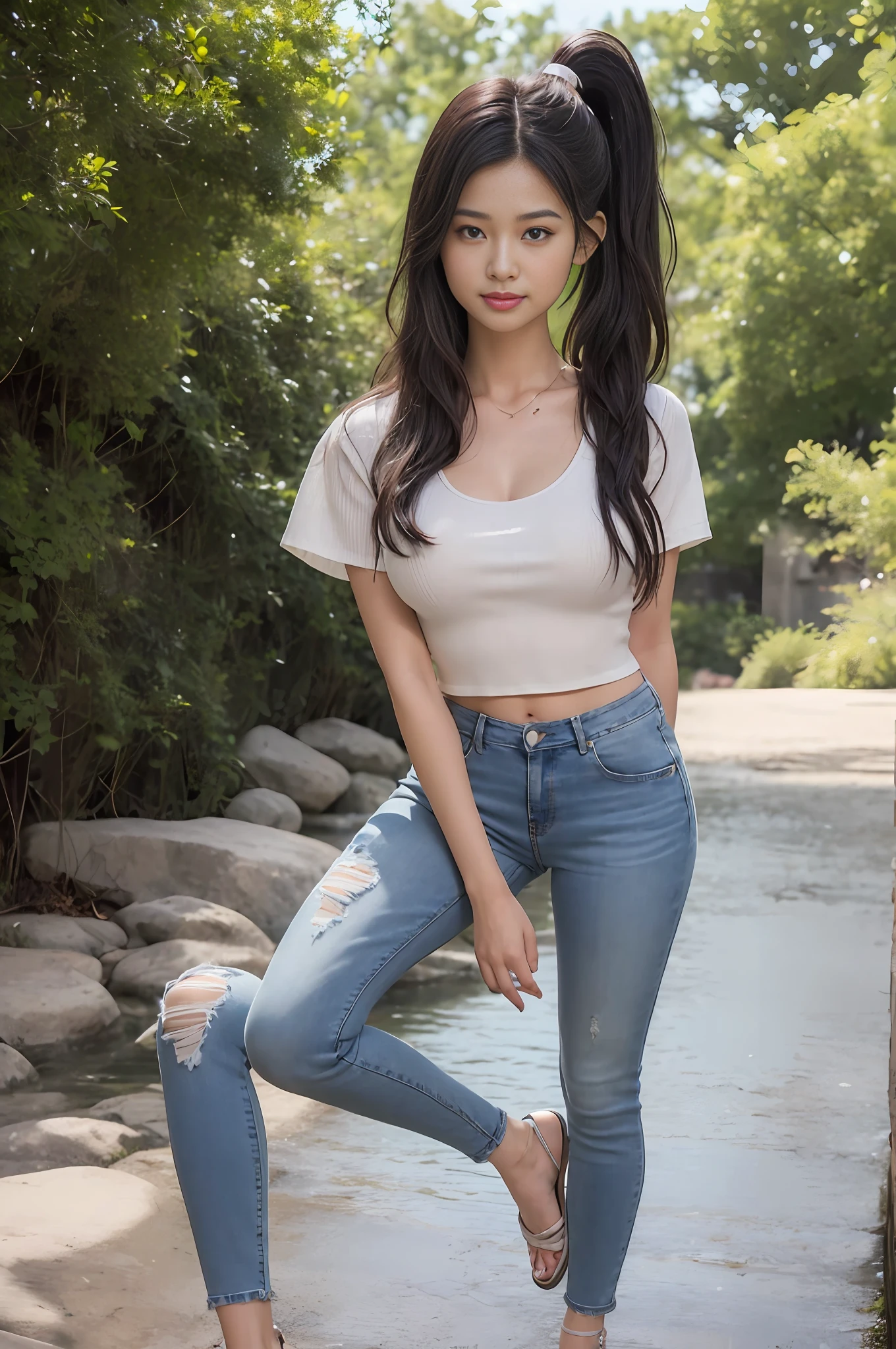 Realistic, photorealistic, 16k HD, masterpiece: 1.5, focus: 1.5, Allad asian woman wearing crop top tight long jeans and stylish sheer short sleeves, background: 1.5 (foot of the mountain, creekside, dating), cute schoolgirl, slim and perfect figure, ( Stylish high ponytail hairstyle: 1.5), Japanese 18 year old girl wearing long tight jeans, wearing ripped skinny long jeans (low waist crop top, micro-flared, trousers: 1.5), (riper: 0.6), (branded jeans: 1.5, realistically detailed jeans texture and stripes: 0.8, realistic detailed jeans graininess: 0.8), wearing fashion sheer tight short sleeves (brand: 1.5, slim, realistic clothing texture: 1.5, sheerness: 1.5, revealing breasts and areola: 1.5), wearing stiletto heel sandals (delicate stiletto heels crystal band sandals, High quality: 1.2), surreal schoolgirl, dress up as schoolgirl, surreal schoolgirl, realistic schoolgirl, walking, schoolgirl pose, model pose, sitting dating, shooting full body ((full body: 1.8)), beautiful skin, glowing skin, slim beautiful thighs, perfect thighs, perfect calves, white and tender toes, beautiful breasts: 1.5, beautiful breasts: 1.5, beautiful buttocks: 1.5, best quality, white skin, real skin, (detail face), goose egg face, Pores, Ultra High Resolution, (8k, RAW photo, photorealistic:1.4), 1girl, slim, (Smile, Teeth and Tongue: 1.2, Look at the viewer with a serene goddess of eyes Happiness: 1.2), ( Lip gloss, Eyelashes, Glossy face, Best quality, Ultra High resolution, Wide lighting, Natural shadows), Full body: 1.8 --auto --s2