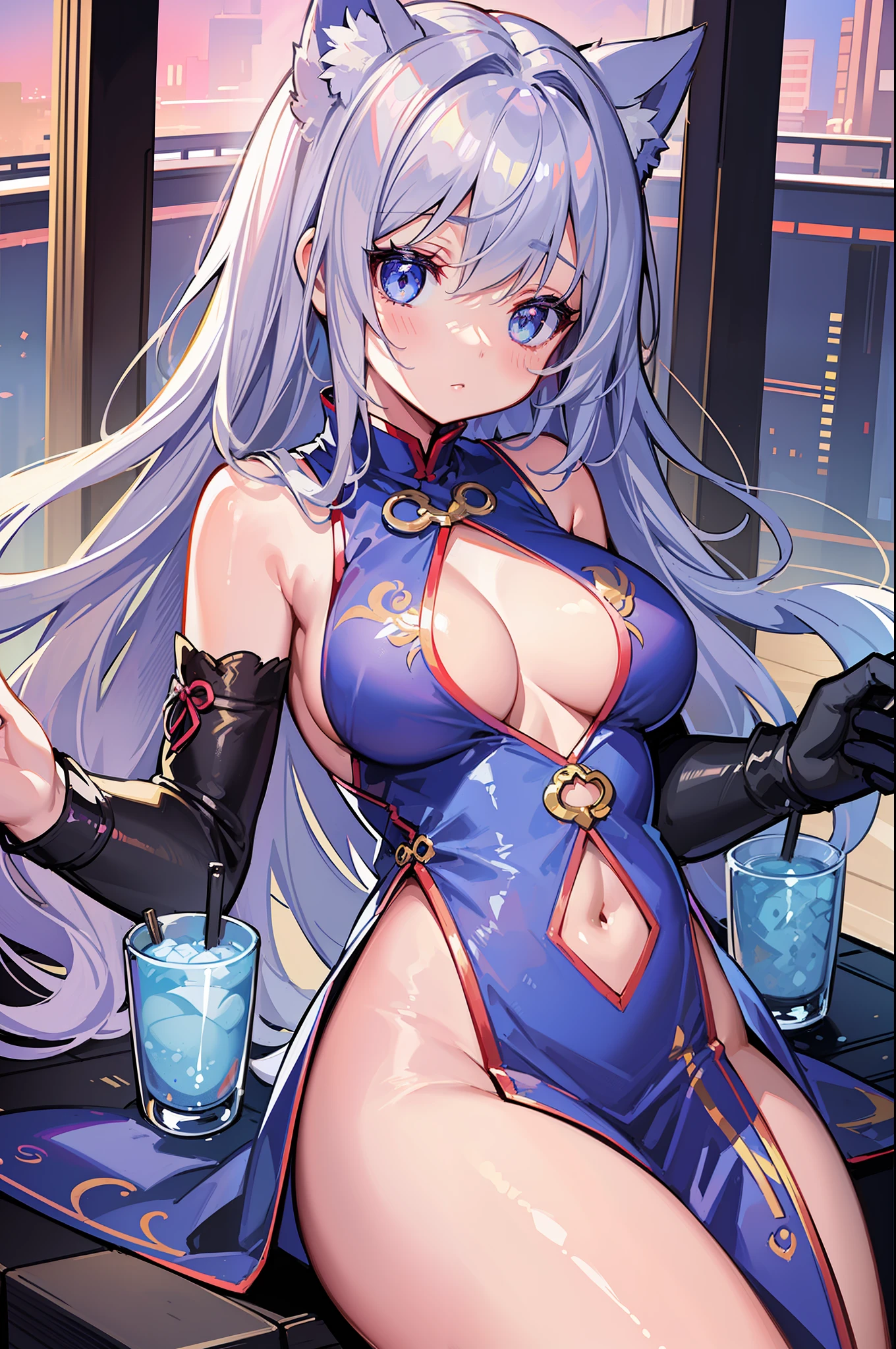 (Masterpiece), (Top Quality Anime Illustration), (Super Definition), One Girl, Solo, Beautiful Girl with Silver Hair, Anime , Cat Ear Lolight Blue See-Through Cheongsam Dress, Short Cheongsam, Sleeveless, Cleavage Emphasis, Underboob, Tummy, Thighs