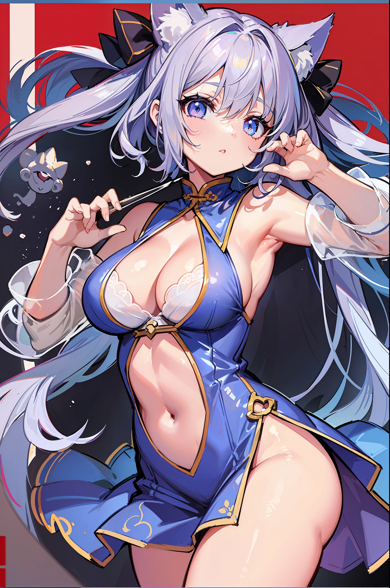 (Masterpiece), (Top Quality Anime Illustration), (Super Definition), One Girl, Solo, Beautiful Girl with Silver Hair, Anime Loli, Cat Ear Loli, Light Blue See-Through Cheongsam Dress, Short Cheongsam, Sleeveless, Cleavage Emphasis, Underboob, Tummy, Thighs