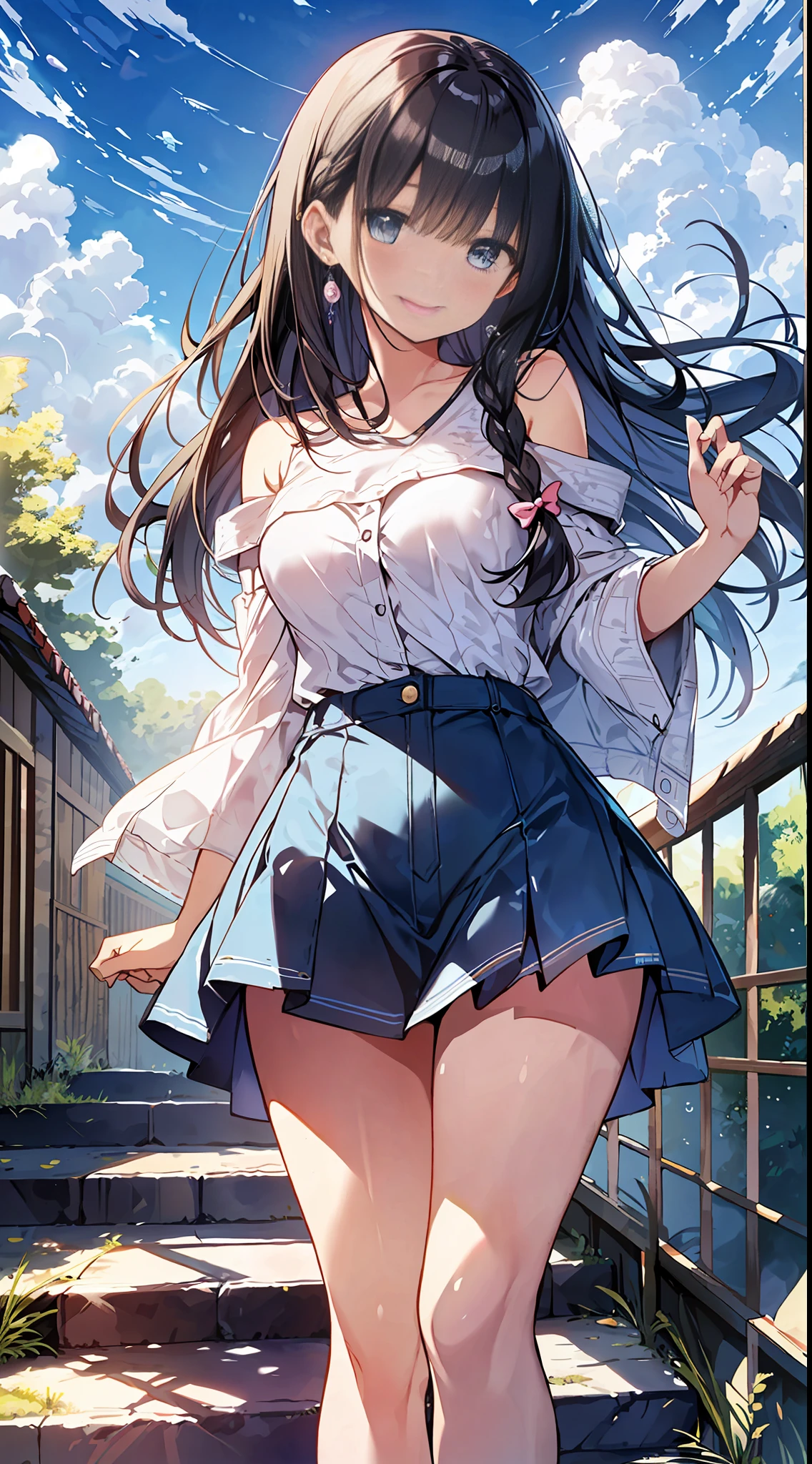 Top Quality, Masterpiece, Ultra High Definition, 8K, Summer Sky, Early Summer, (Oversized Cut and Sew, Denim Skirt, Loafers), Shojo Manga Style Loli, One, Soft Line Art, Digital Enhancement, Shojo Manga Touch, Shojo Manga Core, Flowing Fabric, Close Up, (Hair length to shoulders and short braids)), wet hair, staring at us from the front, soft drawing, Beautiful black hair, clear eyes, ((teasing smile)), ultra-detailed digital anime art, clear face depiction, ultra-detailed shojo manga character art, ultra-detailed manga style, top quality colors, hand gestures, landscape with nature, looking up at the sky, angle that can see up to your feet