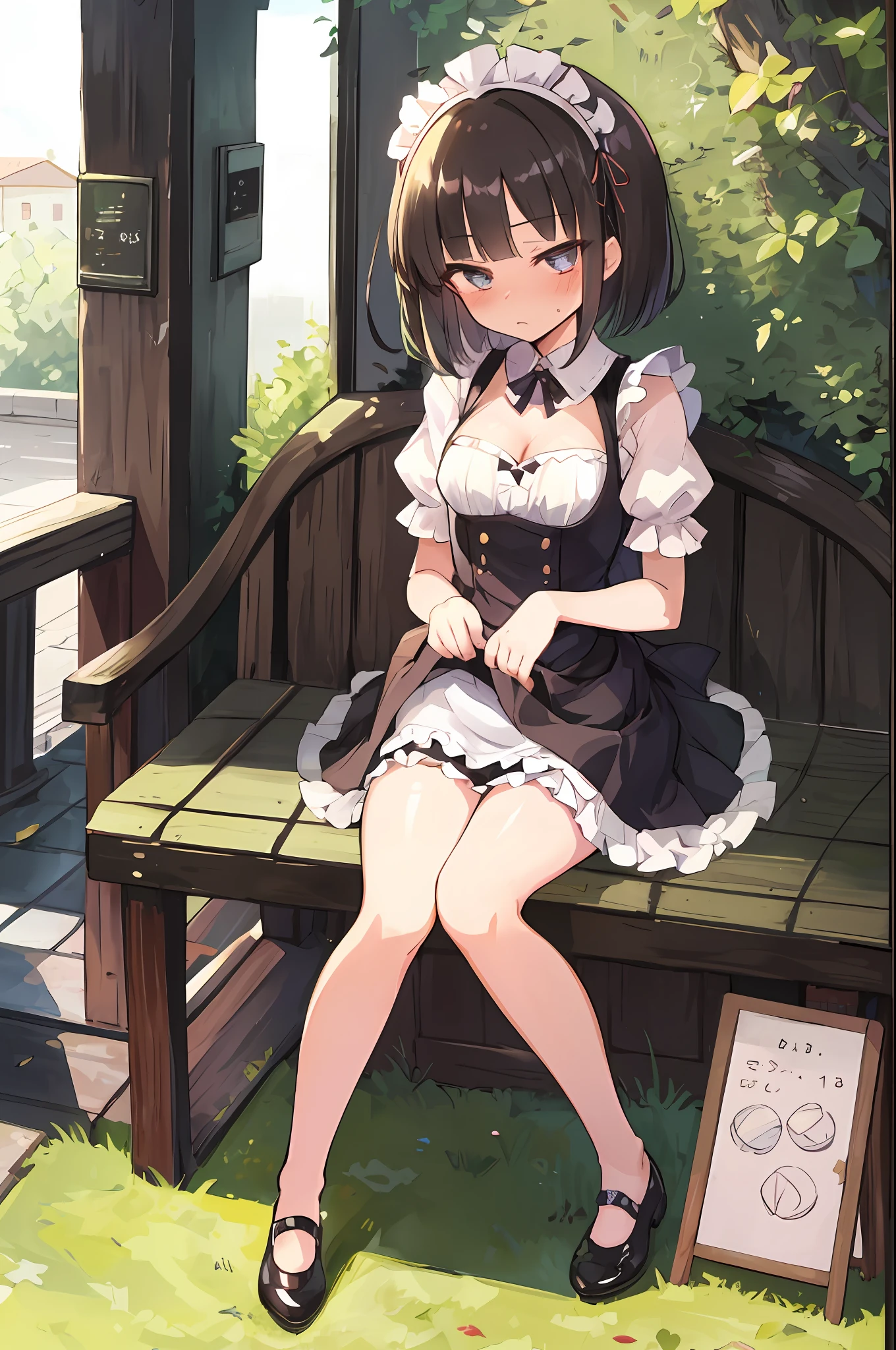 masterpiece, best quality, girl, shirt, mini skirt ,, loli,18 years old,,,maid,cell animation,,thigh,skirt lift,,blunt bangs,embarrassed face,forehead visible,cleavage,full body,short hair,beautiful eyes,