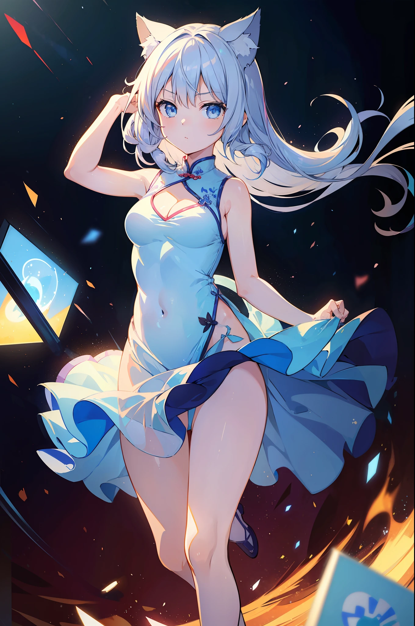 (Masterpiece), (Top Quality Anime Illustration), (Super Definition), One Girl, Solo, Beautiful Girl with Silver Hair, Anime , Cat Ear Lolight Blue See-Through Cheongsam Dress, Short Cheongsam, Sleeveless, Cleavage Emphasis, Underboob, Tummy, Thighs