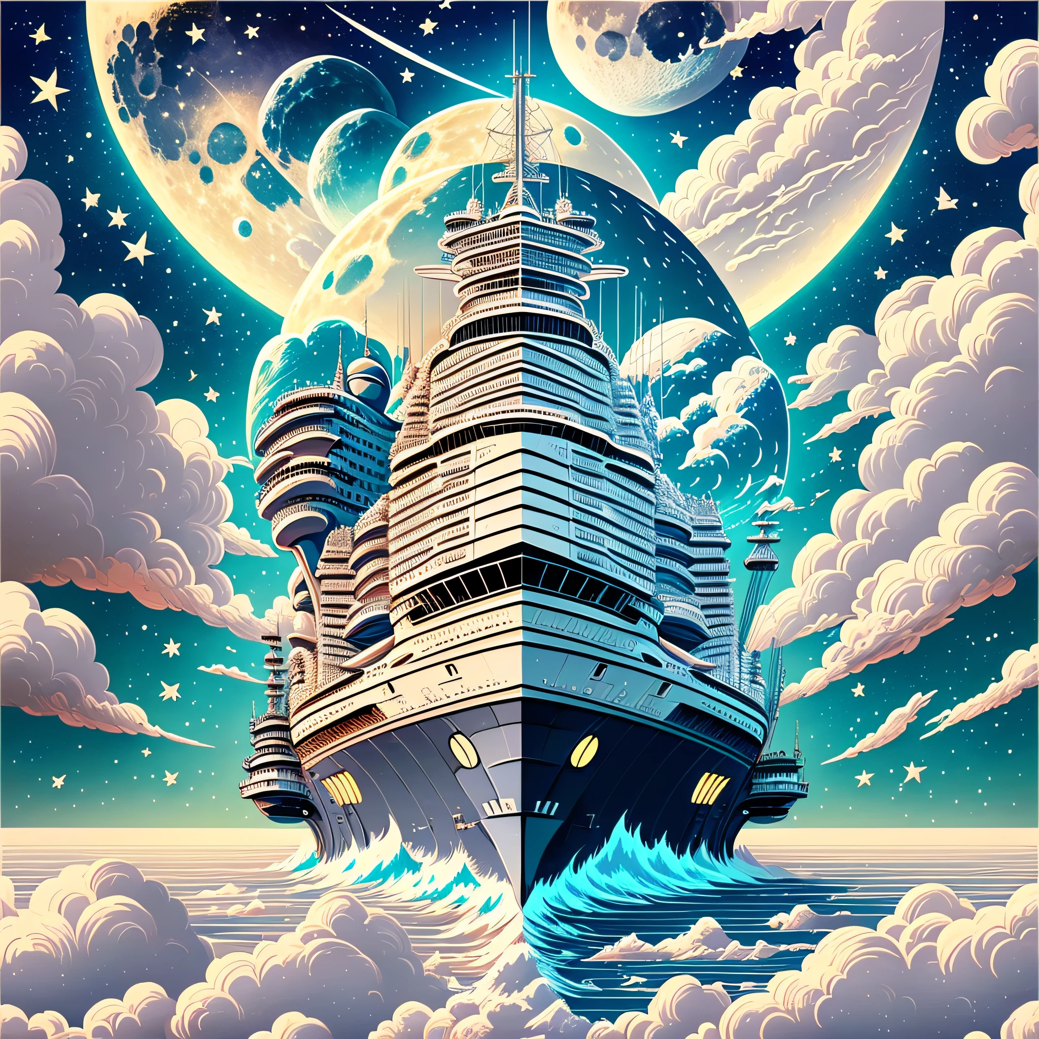 Aircraft carrier in the sky There is a big moon inside the ship The moon is spring, pure and bright white There are many small animals on the moon Cartoon freehand style 2k high quality