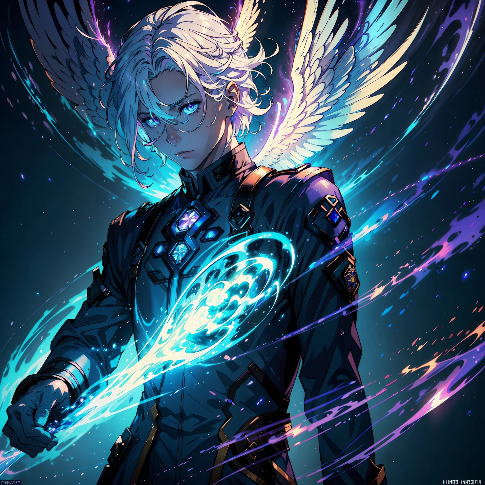 ((realistic: 1.5)),((best quality)), ((masterpiece)),((detailed)), man, young, short white hair, purple aura around, blue fire coming out of the body, general's outfit, 4 angel wings, flying from the skies, luminous colored eyes, volumetric illumination