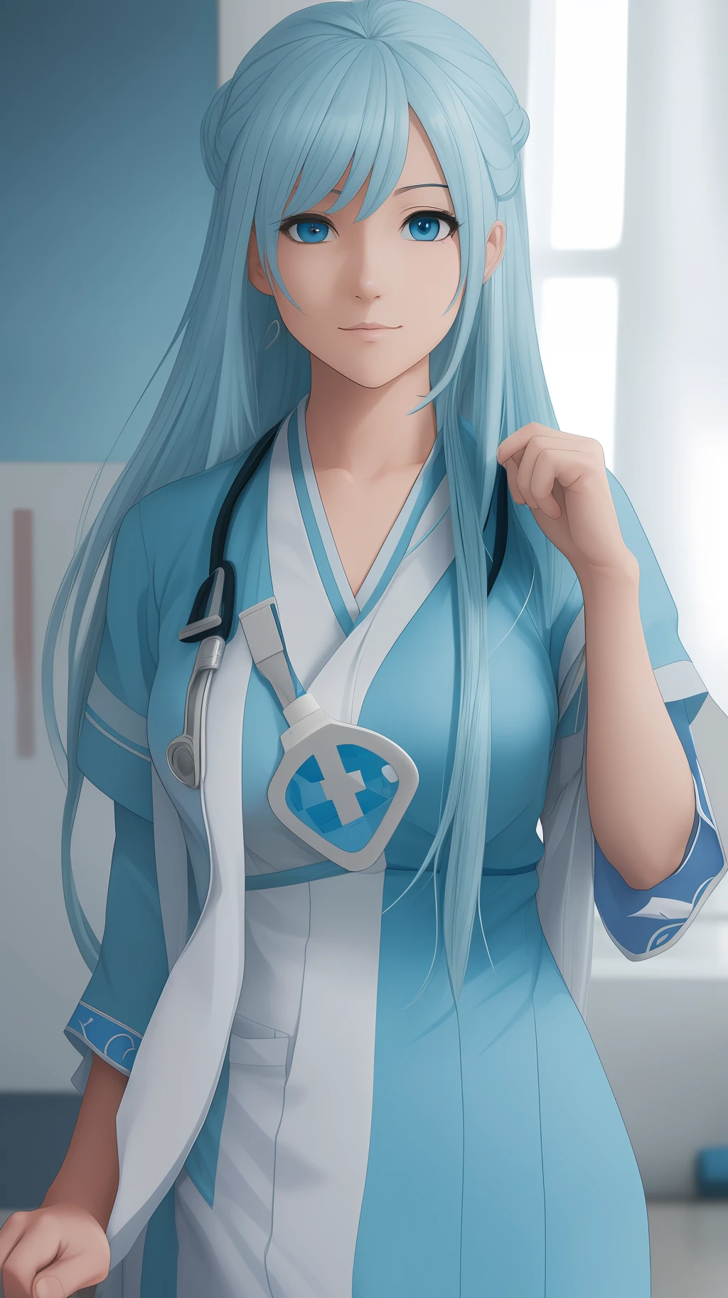 Aqua from the anime Konosuba with nurse's uniform in the Hospital, blue eyes and long blue hair, realistic, Japanese, medium breasts, extremely realistic, 8k, masterpiece