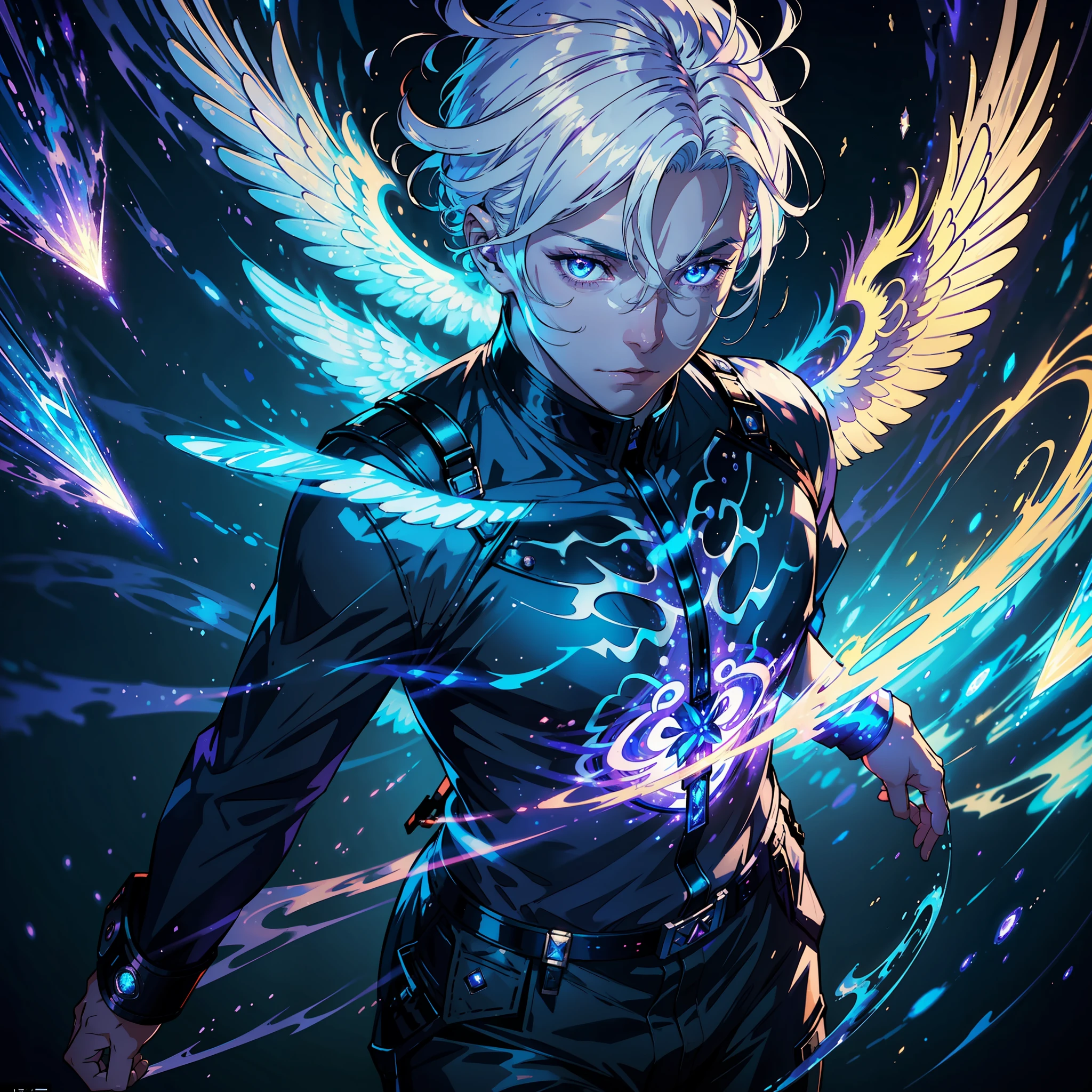 ((realistic: 1.5)),((best quality)), ((masterpiece)),((detailed)), man, young, short white hair, purple aura around, blue fire coming out of the body, general's outfit, 4 angel wings, flying from the skies, luminous colored eyes, volumetric illumination