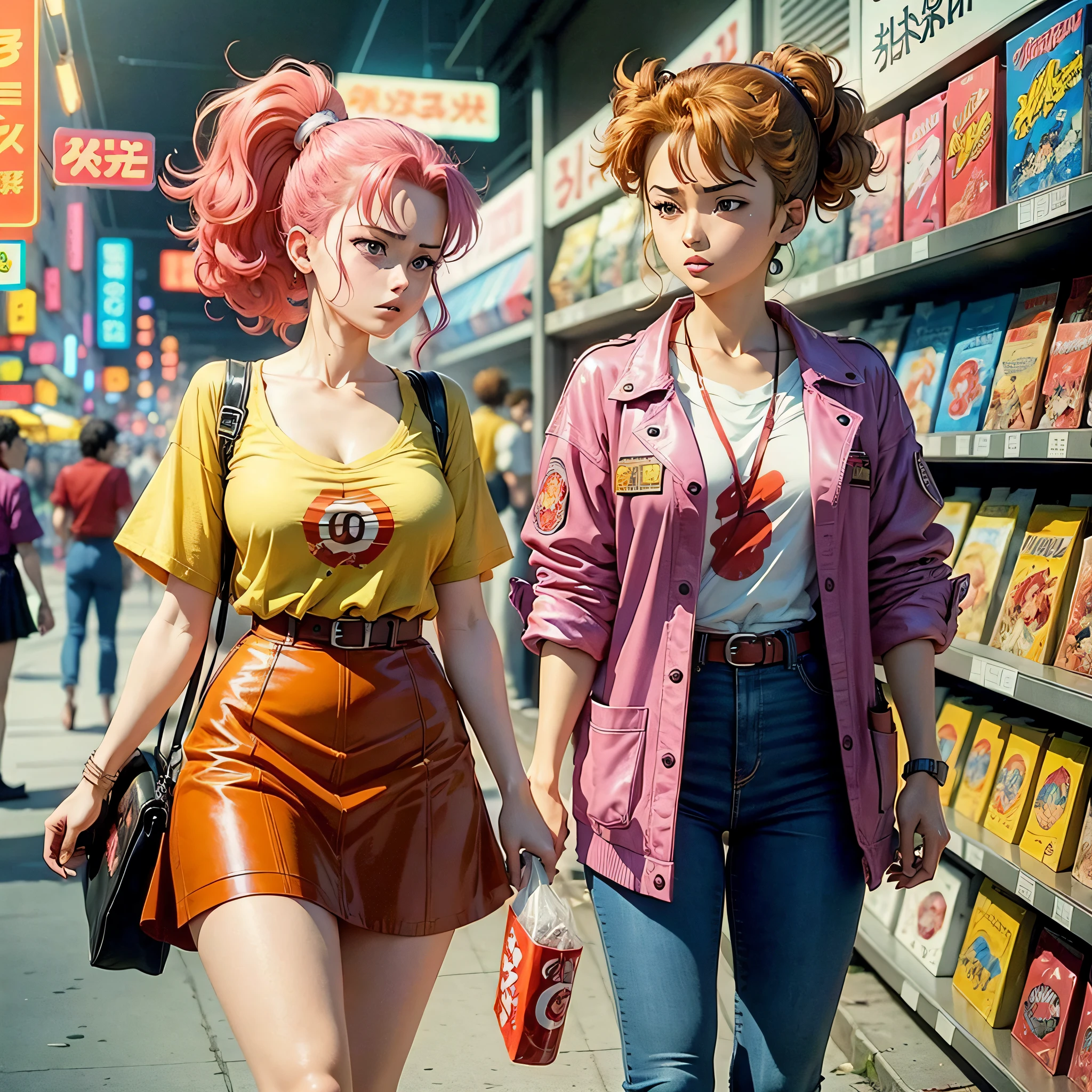 Vintage anime screenshot from Akira, 90’s anime. Vibrant maximalism. A woman in from a convenience store with her friend. --auto --s2