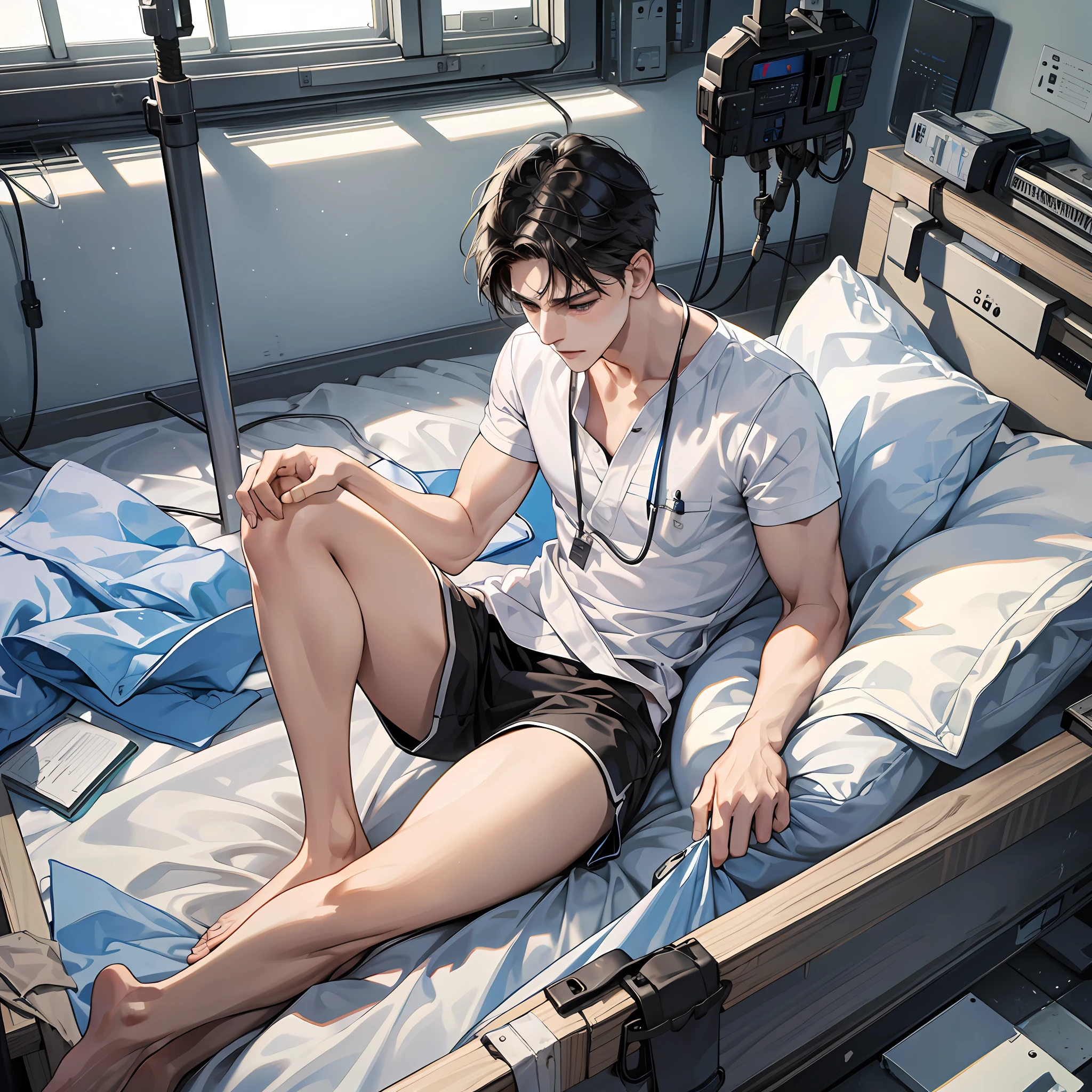 Masterpiece, high quality, best quality, HD, realistic, perfect lighting, a man, detailed face, short black hair, white patient gown, expression painful, lying on a hospital bed, full body, panorama, far view