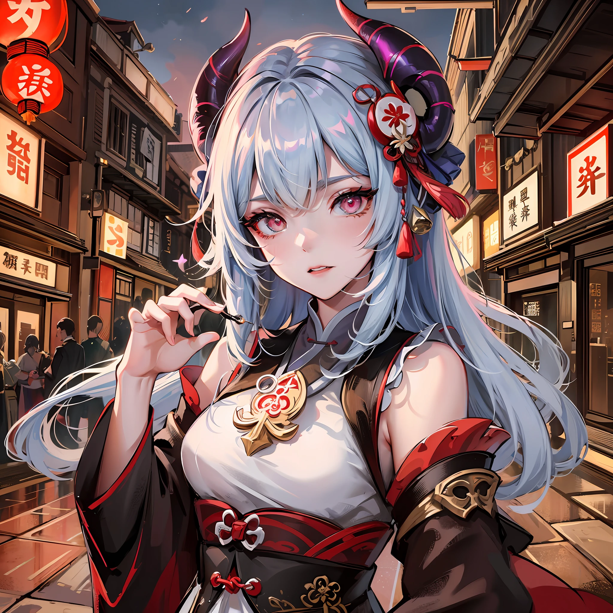 A sheep with horns, magical, anthropomorphic, maiden, angry expression, glowing eyes, like a mask, Hanfu, background of ancient Chinese streets, night. Genshin Impact Impact, Best Quality, High Detail, High Quality, Ultra High Resolution, OC Rendering, 8K --auto --s2