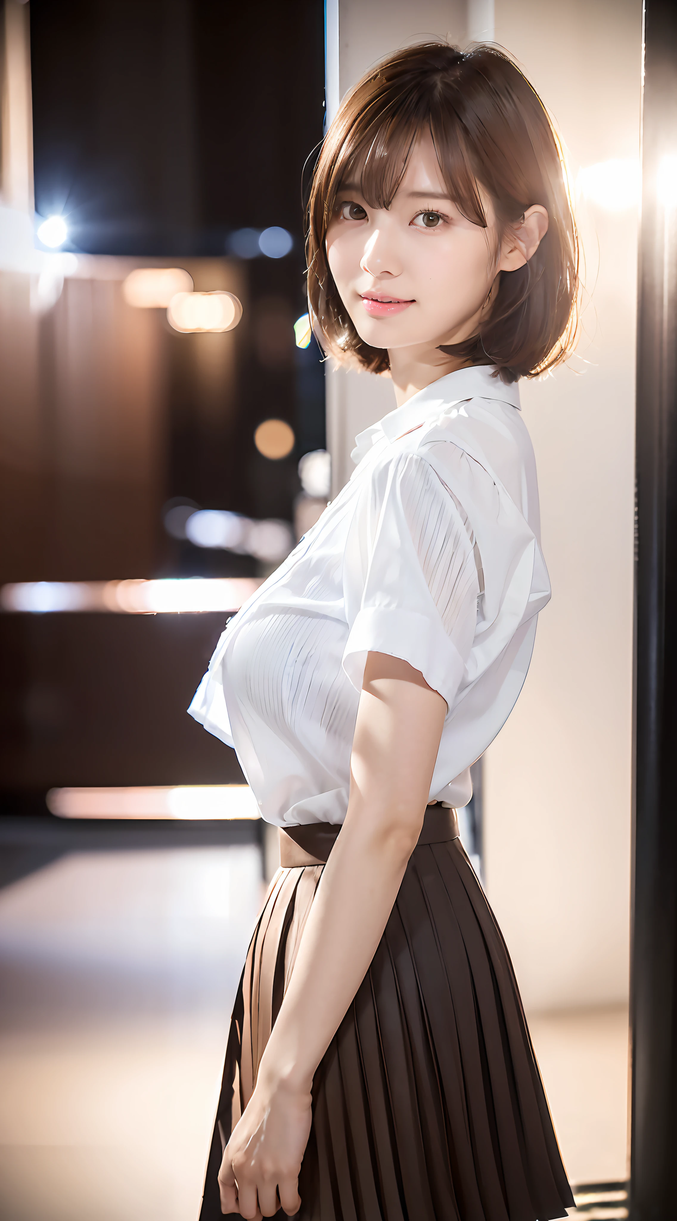 (((((Mai Shiraishi, white shirt, black pleats skirt, cowboy shot, from side, dark brown very short hair, gigantic breasts, arms behind back, standing))))((masterpiece, best quality, highly detailed, absurdres, RAW photo, ultra high resolution)))), highly detailed face and skin texture, detailed eyes, clear focus, an asian young and beautiful girl, white skin, real human skin, oval face, pores, gentle and goddess-like eyes, lip gloss, eyelashes, gloss face, wide lighting, natural shading, small waist, slender body, slight smile, clear features, beautiful face, double eyelids, sagging eyes, night cityscape