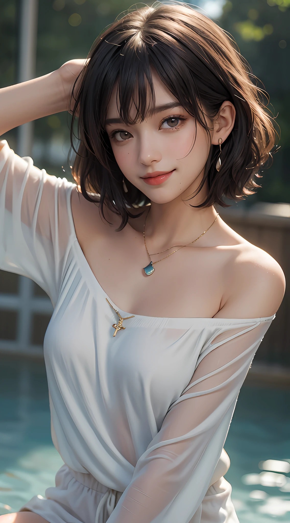(top quality, 8k, masterpiece: 1.3), pretty woman with perfect figure: 1.4, dark brown hair, big, wearing pendants, torn shorts, sleeping in bedroom, very detailed face and skin, detailed eyes, double eyelids, top quality, masterpiece, (photorealistic: 1.4), one woman, golden ratio, high angle shot, upper eye care, low angle shot, perfect face, beautiful figure, cute face, face close-up, zoom in on face, short bob, short hair, smile from different angles, smile, gloss, highlight, gloss, glossy on skin, glossy on skin, wet skin, wet, bangs, cute smile, bust, off-shoulder, refreshing charm, elegant, perfect hands, smile from angle, smile, shiny, highlight, glossy skin, bangs, bust, big, Warm off-shoulder, refreshing charm, ears out, gaze to the camera, poses at different angles