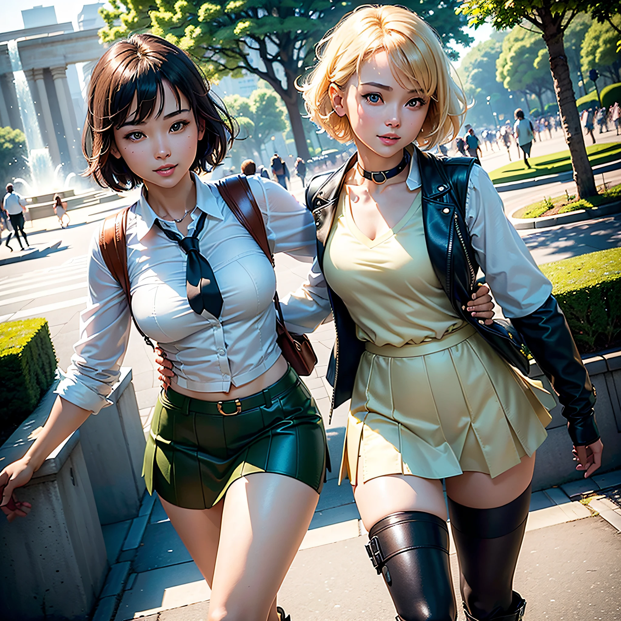 (Masterpiece, highest quality, highest resolution, distinct_image, very elaborate CG, cinematic lighting, ray tracing, drop shadows, detailed detail, (photorealistic: 1.4), high quality textures, fine-grained, realistic face expressions): (Solo girl, face is Japan, short golden hair, short-cut hair, small size breasts, Sparkly eyes, eye level shots, happy smiles, beauty, slim body, holiday, skirt, white shirt with collar, leather vest, cardian, handgun holder, carrying leather back on the back, long boots, tie, fresh green season, sunny day with good climate, green park, lush trees, wide lawn, promenade in the park, flowers blooming in flower beds, Street, Fountain, Active Angle, Active Action)