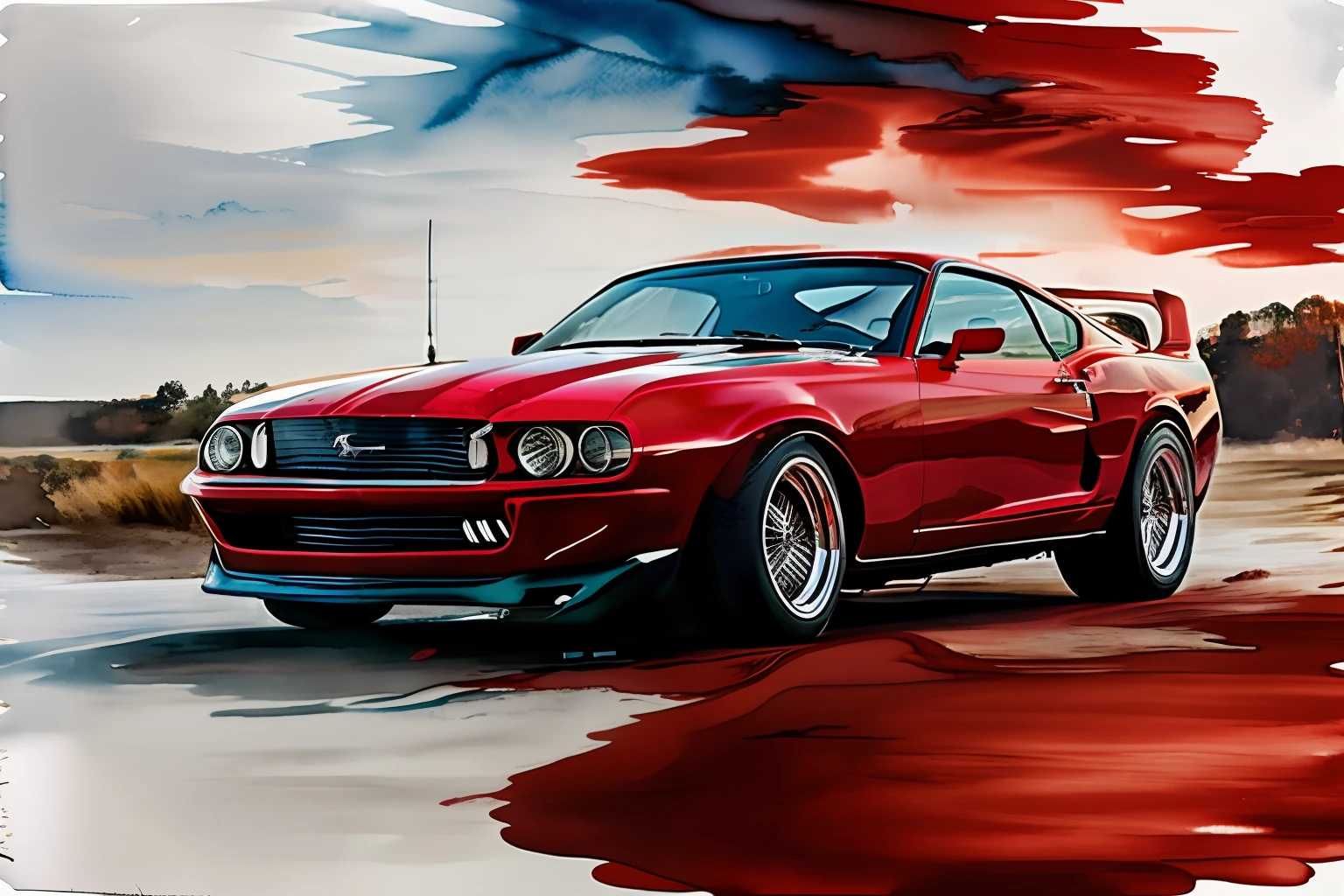 graphic design, flat design, 1968 ford mustang red shelby, drifting on the moon. watercolor splashes, highly detailed clean, photorealistic in frame, masterpiece, professional photography, realistic car, Watercolor abstract background, isometric, vibrant color vector