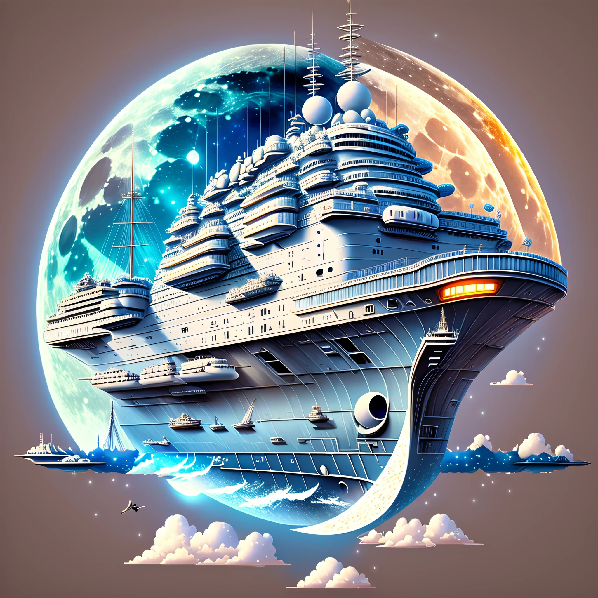 Aircraft carrier in the sky There is a big moon inside the ship The moon is very spring, pure and bright white, there are many small animals on the moon, realistic style, 2k high quality