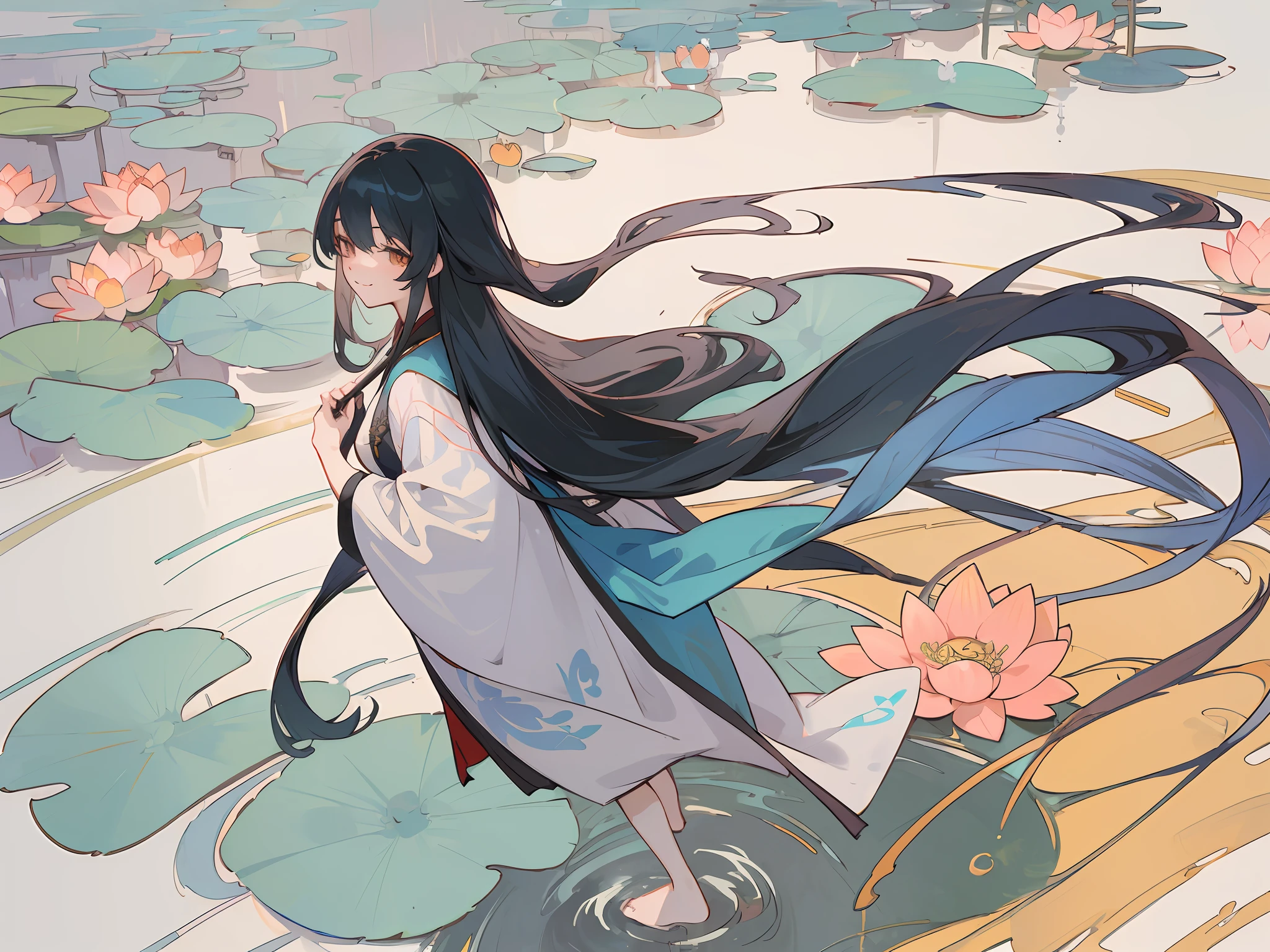 ((4k,masterpiece,best quality)), shuimobysim, traditional chinese ink painting, lotus, hanfu, maxiskit, dress conservatively 1girl, solo, long blue hair, smile, standing, feet in the water, barefoot,