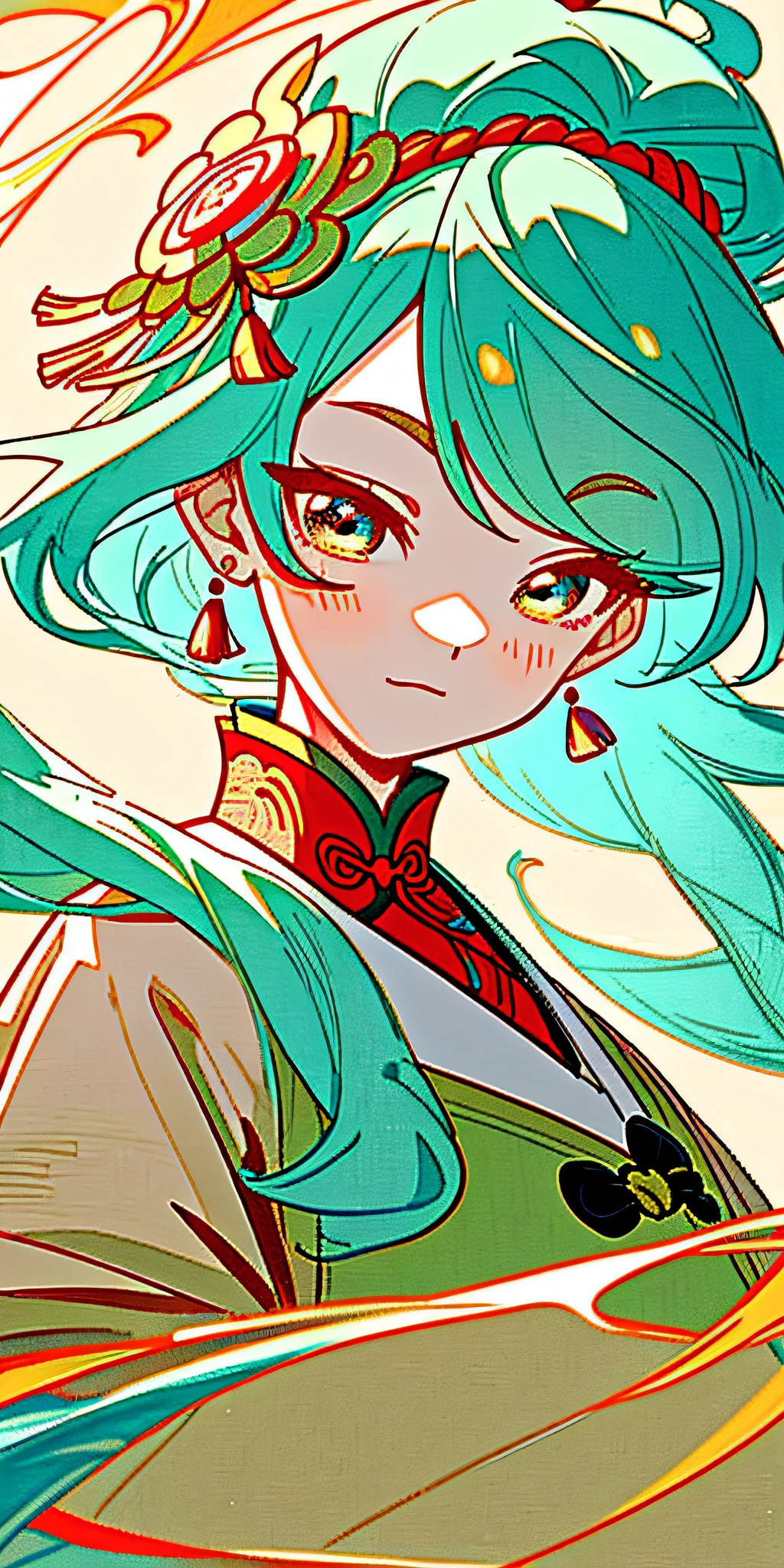 Illustration of a woman in traditional Chinese clothing, anime aesthetic style, 32k UHD, wink and details you miss, I can't believe how beautiful this is, anime-style characters, beige and aquamarine, close-up