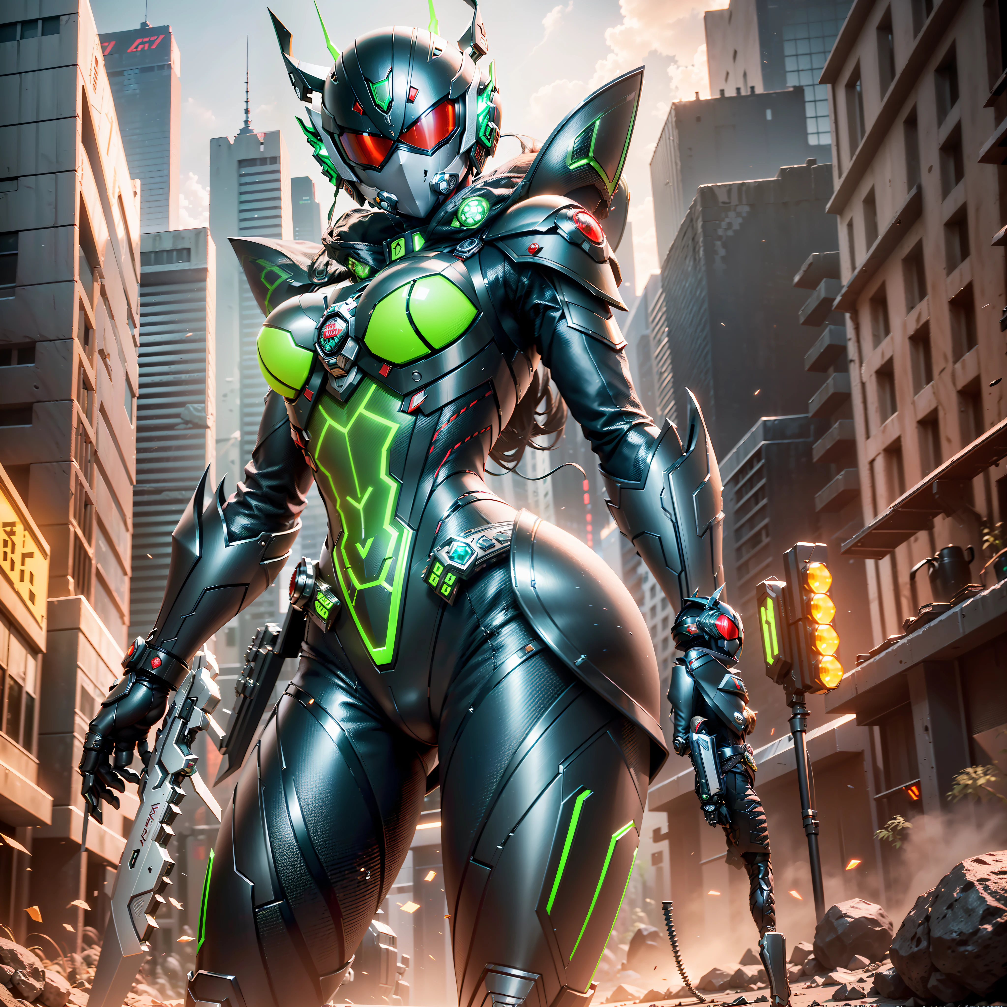 (highest quality)), (masterpiece)), (details: 1.4), 3D, 1girl, full-body image, five-fingered, two-armed, two-legged, no weapon in hand, ((Female Kamen Rider image)), image of a woman in a black flying locust-style cyber battlesuit, (((Add Kamen Rider's stainless steel mechanical belt at the waist)), (( Decoration of two V-shaped tactile blade antennas on the forehead of the helmet)), ((Image of a female Kamen Rider)), (full-face helmet inspired by flying locusts covering the head),(( Guard armor at the mouth of mechanical split details in stainless steel material)), (Deep green stalwart mechanical bust armor),(Red Cyborg Eyes lit red), HDR (High Dynamic Range), Ray Tracing, NVIDIA RTX, Super Resolution, Unreal 5, Subsurface Scattering, PBR texturing, post-processing, Anisotropic filtering, depth of field, maximum clarity and sharpness, multi-layered textures, albedo and specular maps, surface shading, accurate simulation of light-material interactions, slender body, perfect proportions, sharp eyeliner, (full body)), sharp focus, two-tone lighting, wide aperture, low ISO, White Balance, Third Rule, 8K RAW, Circuit Board AI, 4k, Fog, Night City Background, ((Don't Hold Weapons))