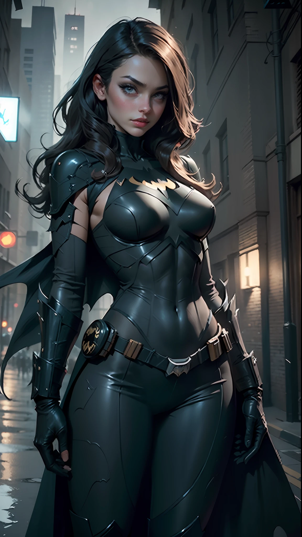 Beautiful woman defined detailed body using batman cosplay, big breasts, gotham city, night