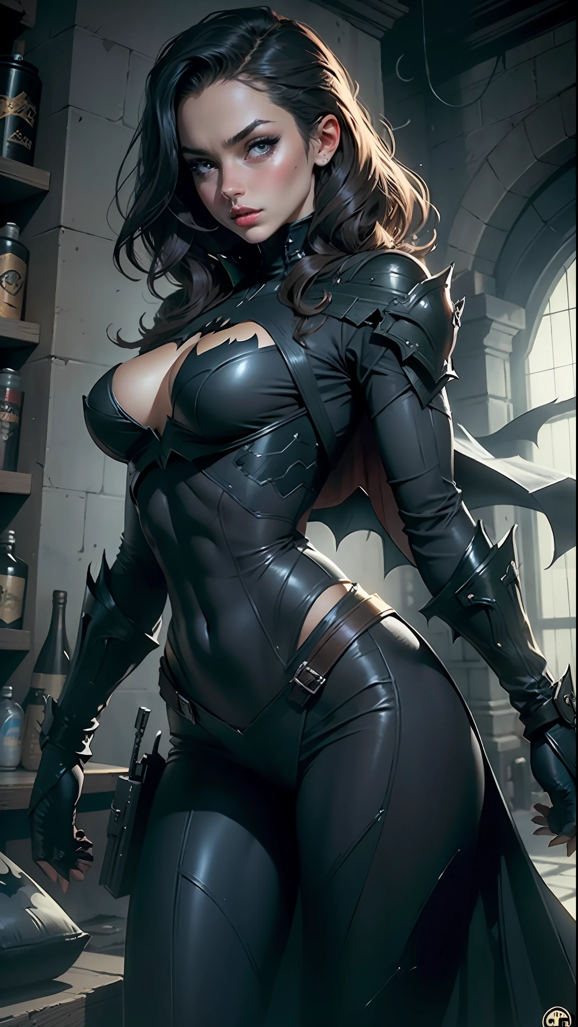 Beautiful woman defined detailed body using batman cosplay, big breasts, gotham city, night