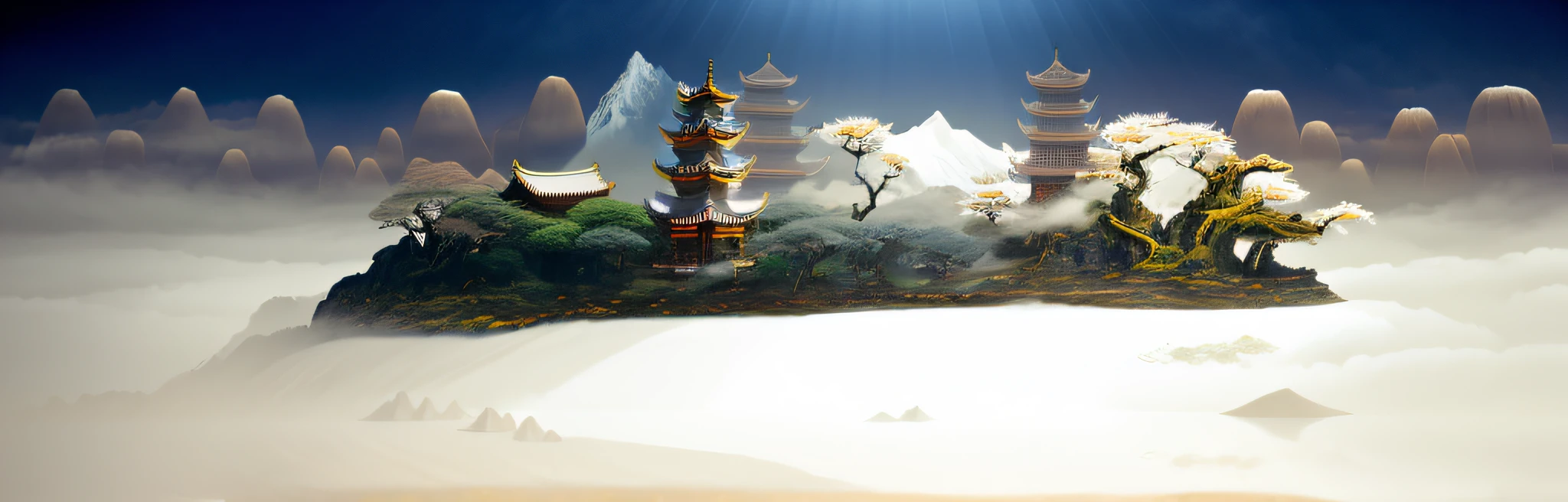 8000 years old mystic style Asian dwellings, cliff cypress trees, mountain peaks, lying in a white cloud wonderland, liquid clouds, emitting spore clouds, surreal water art, glowing flower-shaped clouds, slimy reflections, photos taken with Sony A7R camera, clear focus on the landscape,