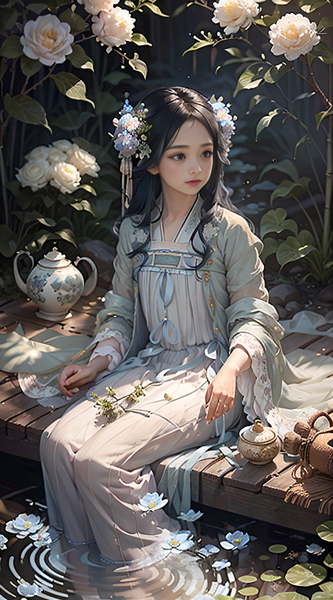 (Positive Focus), (In the Dark: 1 Girl), Surrealist Female Portraits by David Hockney and Alphonse Mucha, Fantasy Art, Photo Realism, Dynamic Lighting, Art Station, Poster, Volumetric Lighting, Very Detailed Faces, 4k Wallpaper, Award-Winning , ,1 Girl, Blue Hanfu, Tulle Coat, Smile Emoji, Long Black Hair, Light Blue Hair Ornament, Fringed Hairpin, White Ribbon, White Flower Bush, Large White Flowers, Small Light Blue Flowers, Light Blue Butterflies Flying, Ancient Chinese Courtyard, Sitting by the Pond, Hand in the water, red carp, hazy mist, bamboo in background, small bamboo, dramatic composition, cinematic lighting effects,