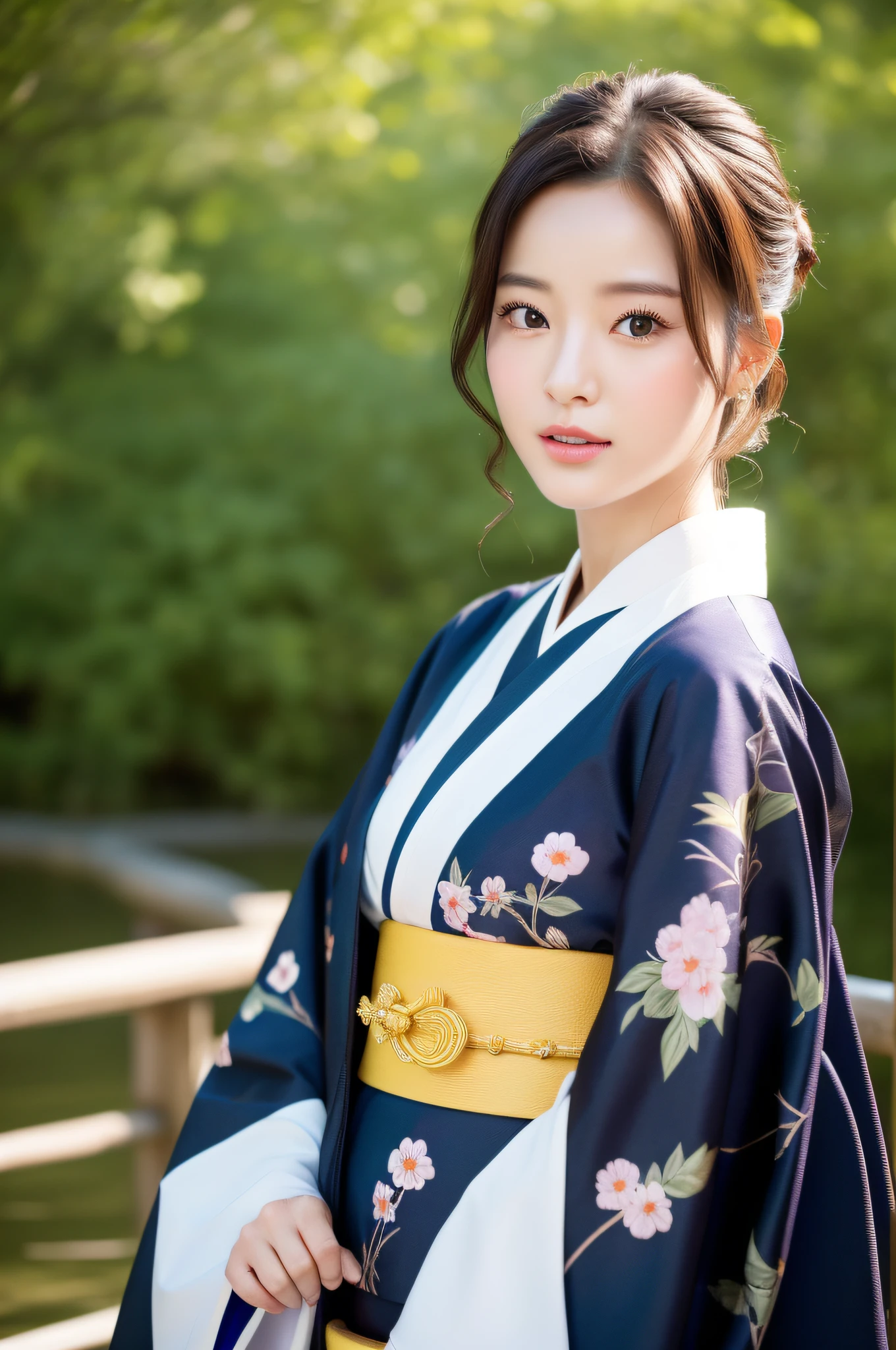 ((Top Quality, 8K, Masterpiece: 1.3)), Sharp Focus: 1.2, (Super Beautiful Face: 1.0), (Glossy Skin: 1.0), Realistic Photos, Black Hair, Realistic Pupils, Movie Lighting, Highly Detailed Eyes and Face, Movie Lighting, (Cowboy Shot: 1.0), (kimono, hakama, obi: 1.15), (Korean Cute Actress), in nature, classic kimono, happy