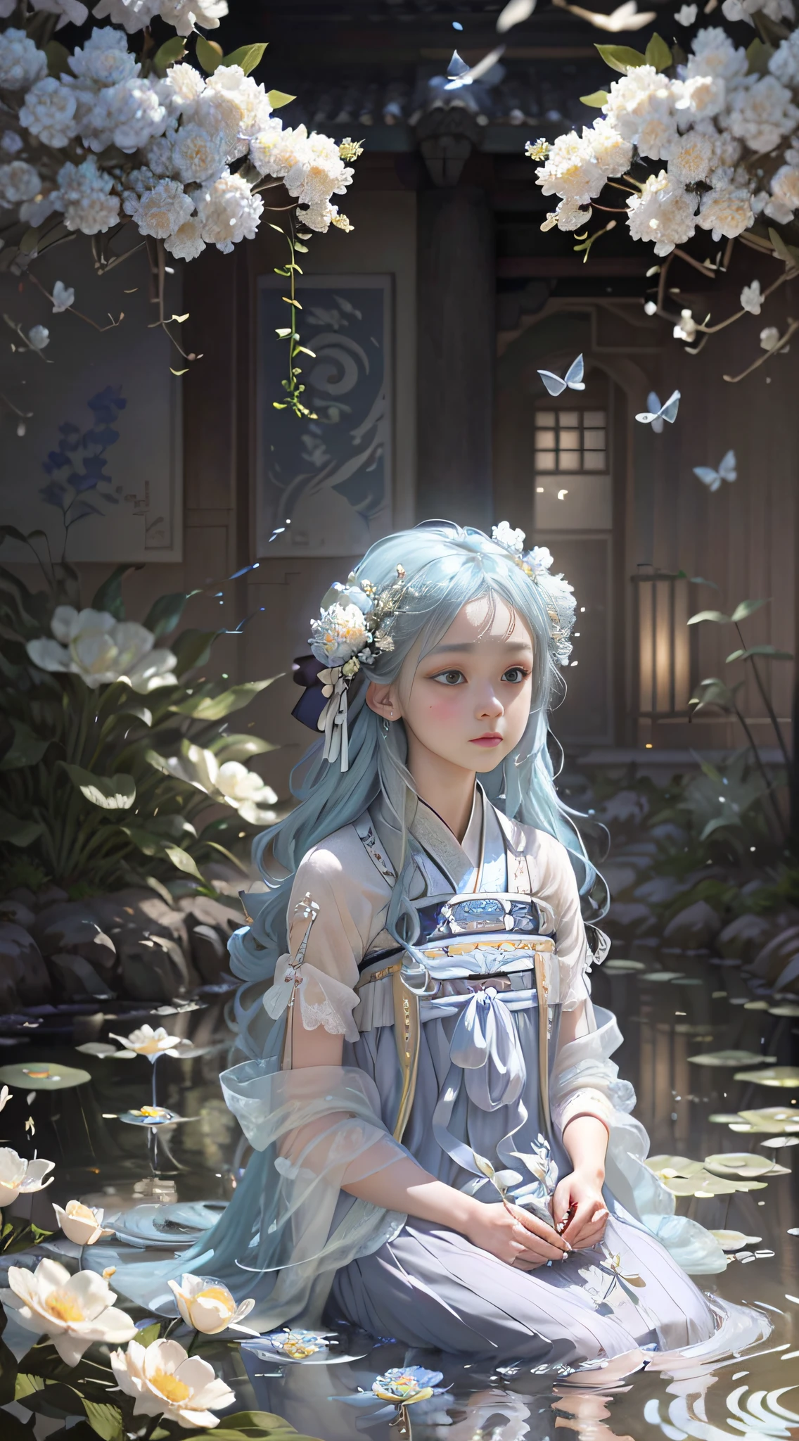 (Positive Focus), (In the Dark: 1 Girl), Surrealist Female Portraits by David Hockney and Alphonse Mucha, Fantasy Art, Photo Realism, Dynamic Lighting, Art Station, Poster, Volumetric Lighting, Very Detailed Faces, 4k Wallpaper, Award-Winning , ,1 Girl, Blue Hanfu, Tulle Coat, Smile Emoji, Long Black Hair, Light Blue Hair Ornament, Fringed Hairpin, White Ribbon, White Flower Bush, Large White Flowers, Small Light Blue Flowers, Light Blue Butterflies Flying, Ancient Chinese Courtyard, Sitting by the Pond, Hand in the water, red carp, hazy mist, bamboo in background, small bamboo, dramatic composition, cinematic lighting effects,