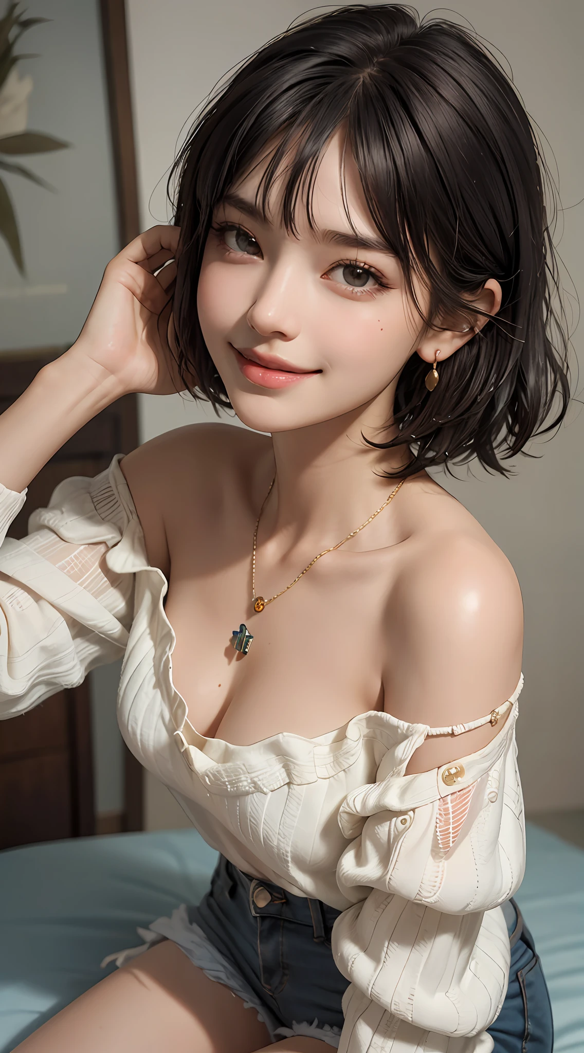 (top quality, 8k, masterpiece: 1.3), pretty woman with perfect figure: 1.4, dark brown hair, big, wearing pendants, torn shorts, sleeping in bedroom, very detailed face and skin, detailed eyes, double eyelids, top quality, masterpiece, (photorealistic: 1.4), one woman, golden ratio, high angle shot, upper eye care, low angle shot, perfect face, beautiful figure, cute face, face close-up, zoom in on face, short bob, short hair, smile from different angles, smile, gloss, highlight, gloss, glossy on skin, glossy on skin, wet skin, wet, bangs, cute smile, bust, off-shoulder, refreshing charm, elegant, perfect hands, smile from angle, smile, shiny, highlight, glossy skin, bangs, bust, big, Warm off-shoulder, refreshing charm, ears out, gaze to the camera, poses at different angles