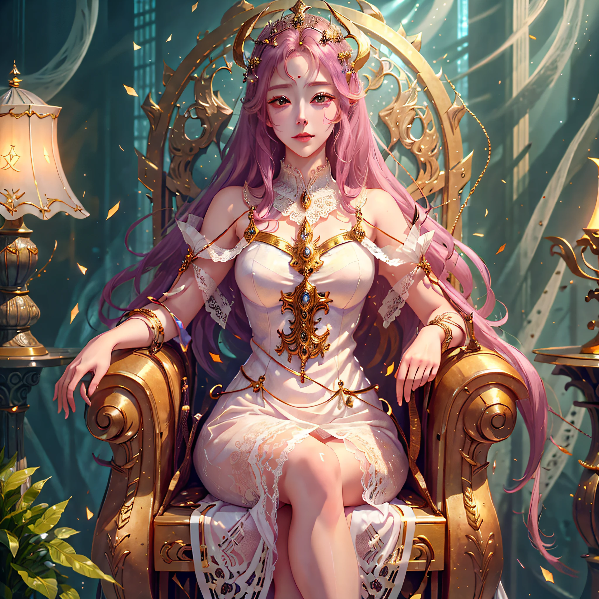 Little Five sits on the throne with a lamp, (a beautiful fantasy queen), ((in a white lace dress))), and on her throne, the anime goddess, sits on the gilded throne, sits on her throne, the goddess. Extremely high detail, 2.5D CGI anime fantasy artwork, sitting on an intricate throne, 8K high quality detail art, beautiful and elegant demon queen --auto --s2