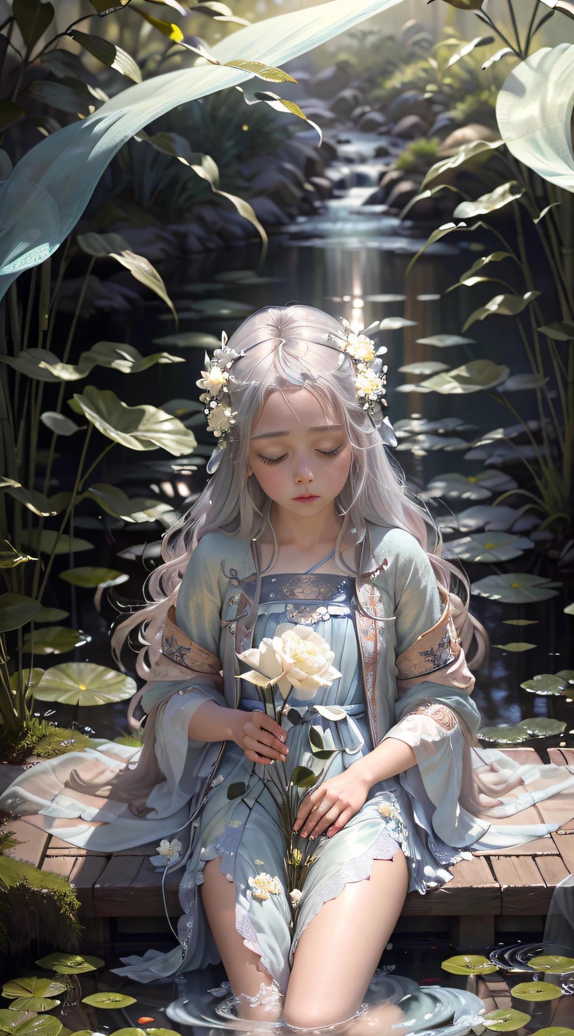 (Positive Focus), (In the Dark: 1 Girl), Surrealist Female Portraits by David Hockney and Alphonse Mucha, Fantasy Art, Photo Realism, Dynamic Lighting, Art Station, Poster, Volumetric Lighting, Very Detailed Faces, 4k Wallpaper, Award-Winning , 1 Girl, Blue Hanfu, Tulle Coat, Long Silver Hair, Light Blue Fringed Hair Ornament, Hairpins, White Ribbon, White Flower Bush, Large White Flowers, Light Blue Small Flowers, Light Blue Butterflies Flying, Ancient Chinese Garden, Sleeping by a Pond, Hands Reaching into the Water, red carp, hazy mist, bamboo in background, small bamboo, dramatic composition, movie lighting effects,