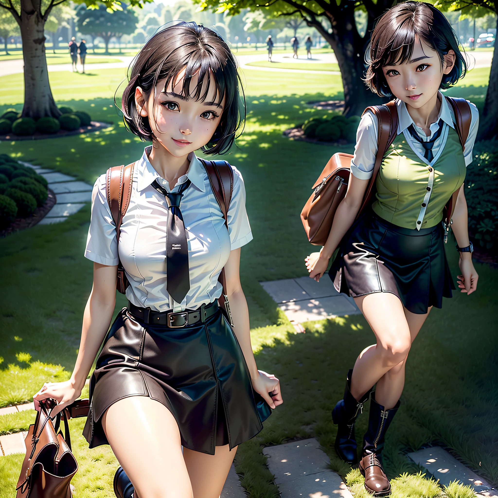 (Masterpiece, highest quality, highest resolution, distinct_image, very elaborate CG, cinematic lighting, ray tracing, drop shadows, detailed detail, (photorealistic: 1.4), high quality textures, fine-grained, realistic face expression): (lone girl, face is Japan, brown short hair, small size breasts, sparkling eyes, Eye level shot, happy smile, beauty, slim body, holiday, knee-length skirt, white shirt with collar, leather vest, cardian, handgun holder, carrying leather back on back, long boots, tie, fresh green season, sunny day with good climate, green park, lush trees, wide lawn, promenade in park, flower beds blooming, Swing ride, street, fountain, active angle)