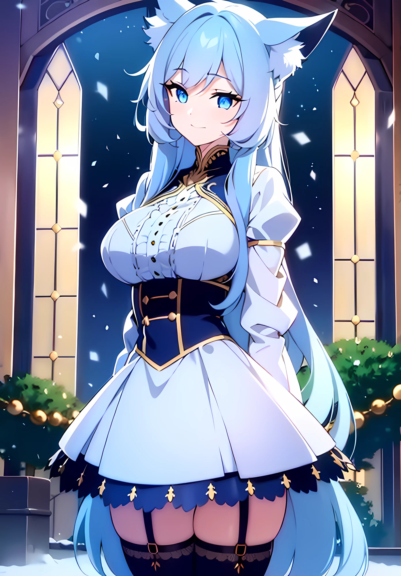 {{{{masterpiece, extremely detailed, intricate details, soft focus, 8K, highres, depth of field, absurdres, high quality facial shadowing, dynamic shadowing, extreme shaders, cinematic lighting, perfect lighting, soft lighting, hazy lighting, blurry foreground, lens flare}}}}, best quality, asian qualities, {facing viewer}, {front view}, {{hands behind back}}, {solo}, beautiful young girl, {{{extremely detailed girl, perfect anatomy, perfect body}}}, {{{{beautiful-detailed luscious knee-length vibrant dark-silver hair}}}}, {{{luscious multi-layered curly hair}}}, {{{hair splayed out}}}, {{{{beautiful-detailed cat ears}}}}, {{beautiful-detailed facial structure}}, {{detailed beautiful face}}, {{sexy face}}, {{cute face}}, slender facial structure {{detailed face:1.33}}, {{beautiful-detailed eyes}}, big eyes, {{{{detailed bright blue eyes}}}}, {{{{high-detailed glowing blue topaz eyes}}}}, {{{{extremely-detailed sharp cat eye black pupils}}}} {{{{vibrant eye colors}}}}, {{beautiful-detailed medium boobs}}, {{breast apart}}, {{slim arms}}, {{{{beautiful-detailed fingers}}}}, {{slim waist}}, {{slim legs}}, {{{beautiful-detailed delicate legs}}}, {{detailed red blush}}, {{beautiful-detailed cute shy smile expression}}, casual winter outfit, {{{{beautiful-detailed cute white choker}}}}, {{{beautiful-detailed pure white knitted cashmere jacket}}}, {{{beautiful-detailed thick fluffy white winter mini-skirt}}}, {{{detailed black waist length stockings}}}, {{{beautiful-detailed thick fluffy white winter boots}}}, winter night, {{{enhanced background}}}, {{{{snow falling at midnight with clear skies overhead}}}}, {{{{snow on sidewalks with Christmas lights on tree's surrounded the viewer}}}}, {{{{{close up of person}}}}}