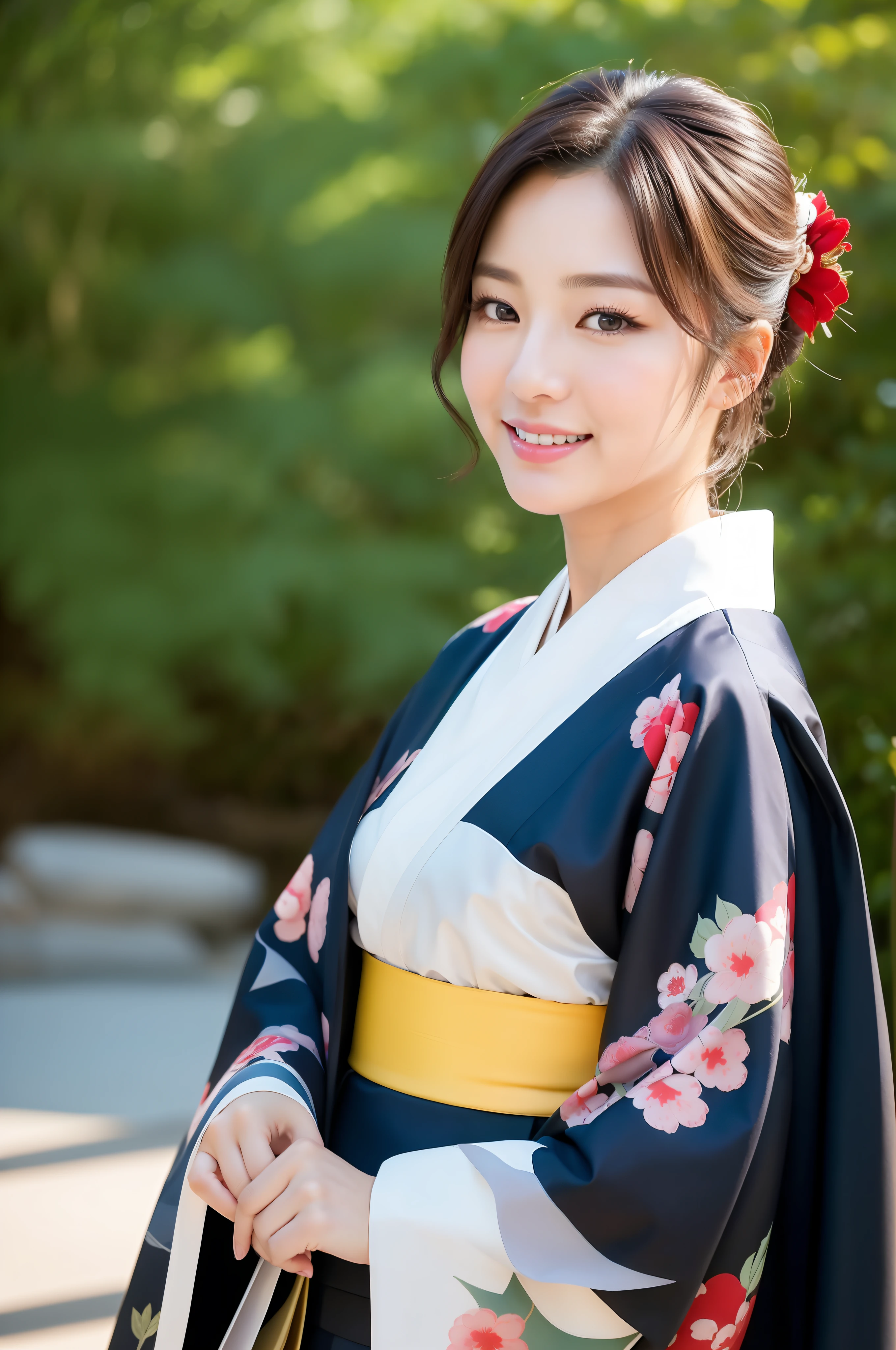 ((Top Quality, 8K, Masterpiece: 1.3)), Sharp Focus: 1.2, (Super Beautiful Face: 1.0), (Glossy Skin: 1.0), Realistic Photos, Black Hair, Realistic Pupils, Movie Lighting, Highly Detailed Eyes and Face, Movie Lighting,  (Cowboy Shot: 1.0),  (kimono, hakama, obi: 1.15),　(Korean Cute Actress), in nature, classic kimono,  happy