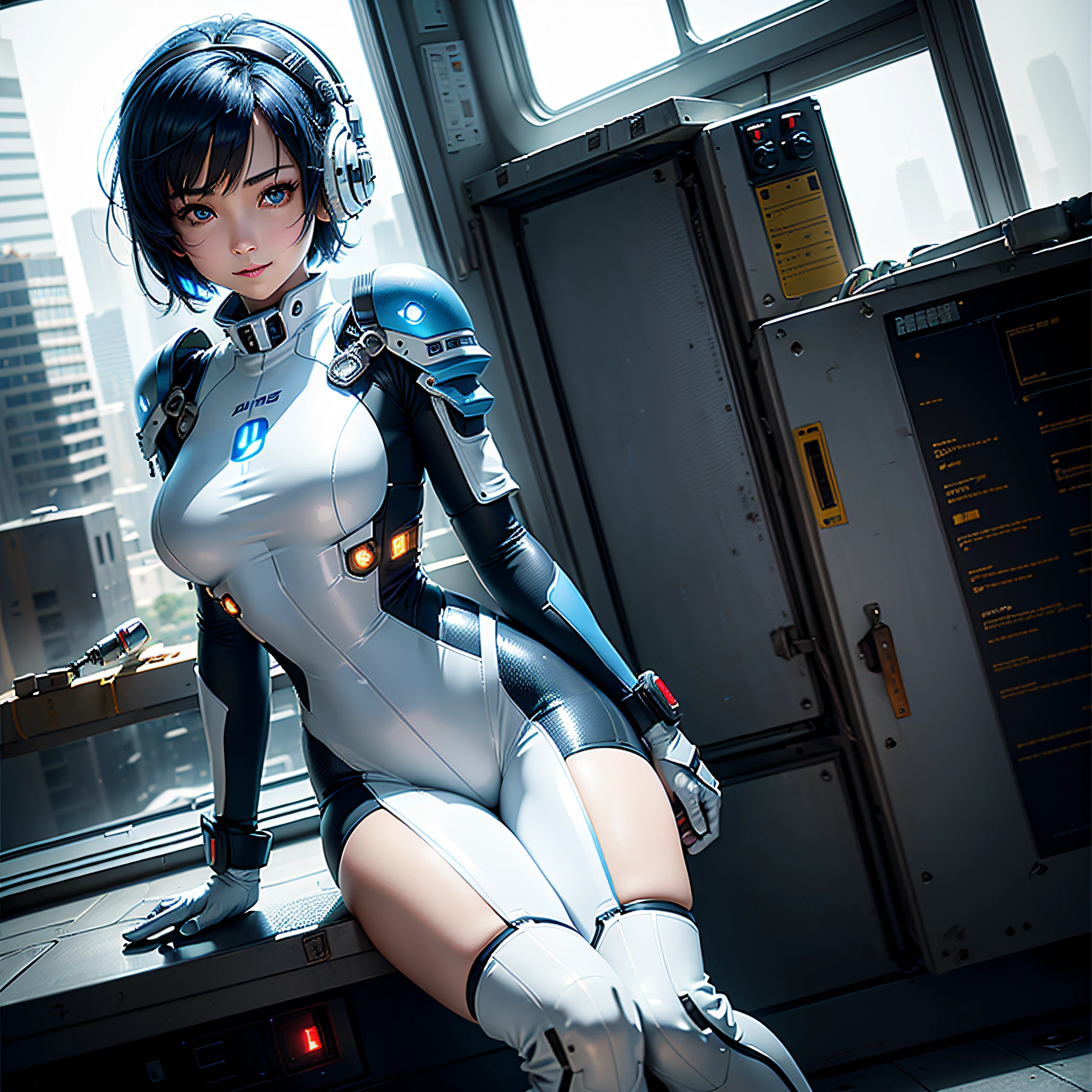 (Masterpiece, Best Quality, Best Resolution, Very Elaborate CG, Cinematic Lighting, Ray Tracing, Drop Shadows, Detail Detail, (Photorealistic), High Quality Textures, Realistic Look, Very Detailed, Sharp, High Quality, Leading Edge, Beautiful Rendering, Dramatic Pose, Detailed Shading): (Solo, Girl Alone, Japan face, short blue hair, cute girl face, short, small size breasts, sparkly blue eyes, eye level shots, pilot suit in white and blue color, tight-fitting clothes, clothes covering the whole body, light grin smile, beautiful, slim body, exoskeleton, heroine, headset, long boots, gloves, airplane control panel, tools, radar display, Touch panel, various indicators, levers, computer keyboard, mouse, warning light, fuel gauge, pressure gauge, base outside the window, control stick, thick manual, wireless communication device)