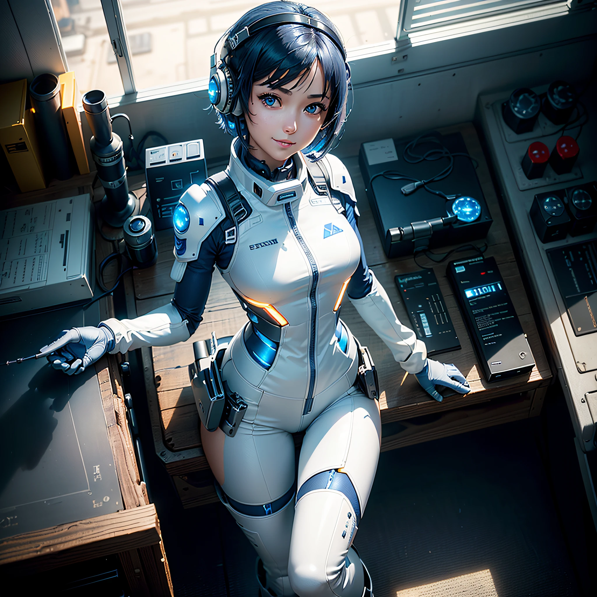 (Masterpiece, Best Quality, Best Resolution, Very Elaborate CG, Cinematic Lighting, Ray Tracing, Drop Shadows, Detail Detail, (Photorealistic), High Quality Textures, Realistic Look, Very Detailed, Sharp, High Quality, Leading Edge, Beautiful Rendering, Dramatic Pose, Detailed Shading): (Solo, Girl Alone, Japan face, short blue hair, cute girl face, short, small size breasts, sparkly blue eyes, eye level shots, pilot suit in white and blue color, tight-fitting clothes, clothes covering the whole body, light grin smile, beautiful, slim body, exoskeleton, heroine, headset, long boots, gloves, airplane control panel, tools, radar display, Touch panel, various indicators, levers, computer keyboard, mouse, warning light, fuel gauge, pressure gauge, base outside the window, control stick, thick manual, wireless communication device)