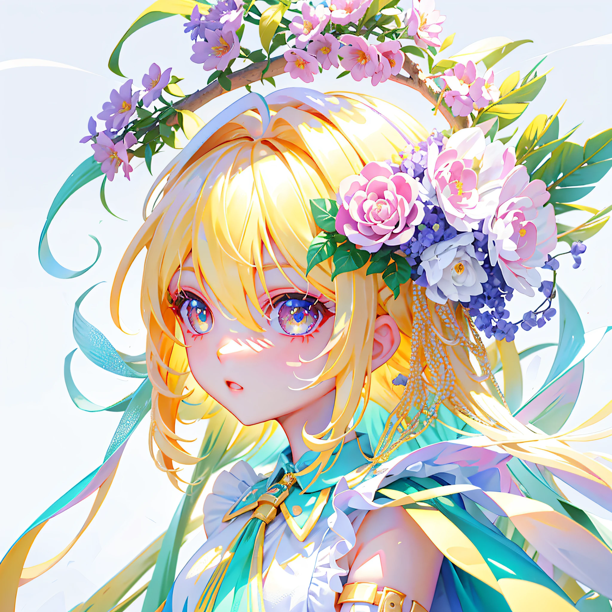 Best Quality, Ultra High Resolution, (Realism: 1.4), Brilliant Fluorescent Hair, Shiny Skin, 1 Female, Sleeveless White Button Shirt, ((Big Eyes)), (Kpop Idol), (Aegyo Sal:1), (Platinum Blonde: 1), ((Puffy Eyes)), Looking at the Audience, Full Body, Flowers