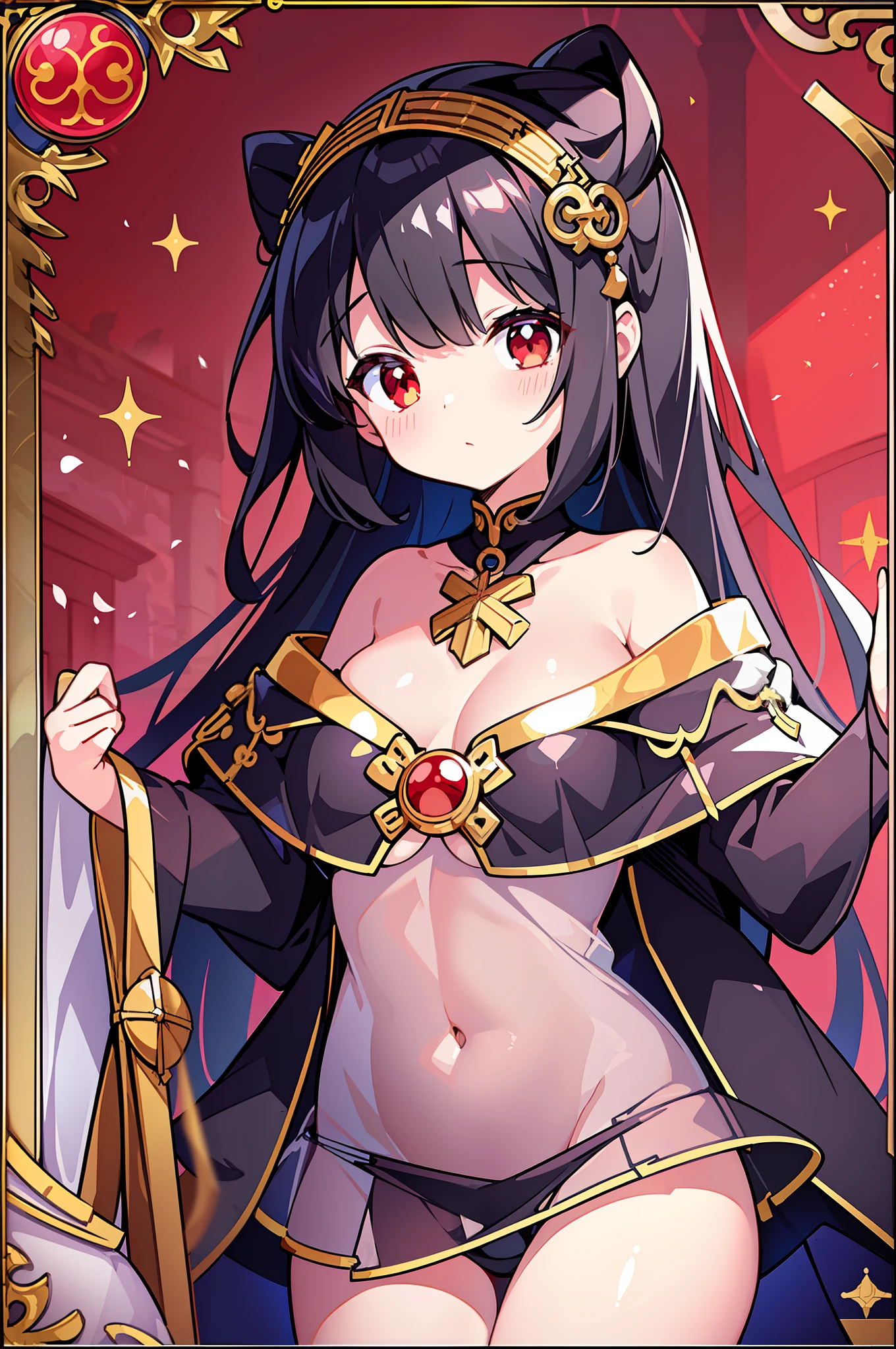 (MASTERPIECE), (Best Quality), (Ultra Detail), Official Art, One Girl, Black Haired Loli, Petite  Girl, Priestess Loli, White and Red and Gold See-Through Dress, Off Shoulder, Small, Small, Small, Cleavage, Underboob, Thigh Focus, Navel, Card Illustration, Shrine