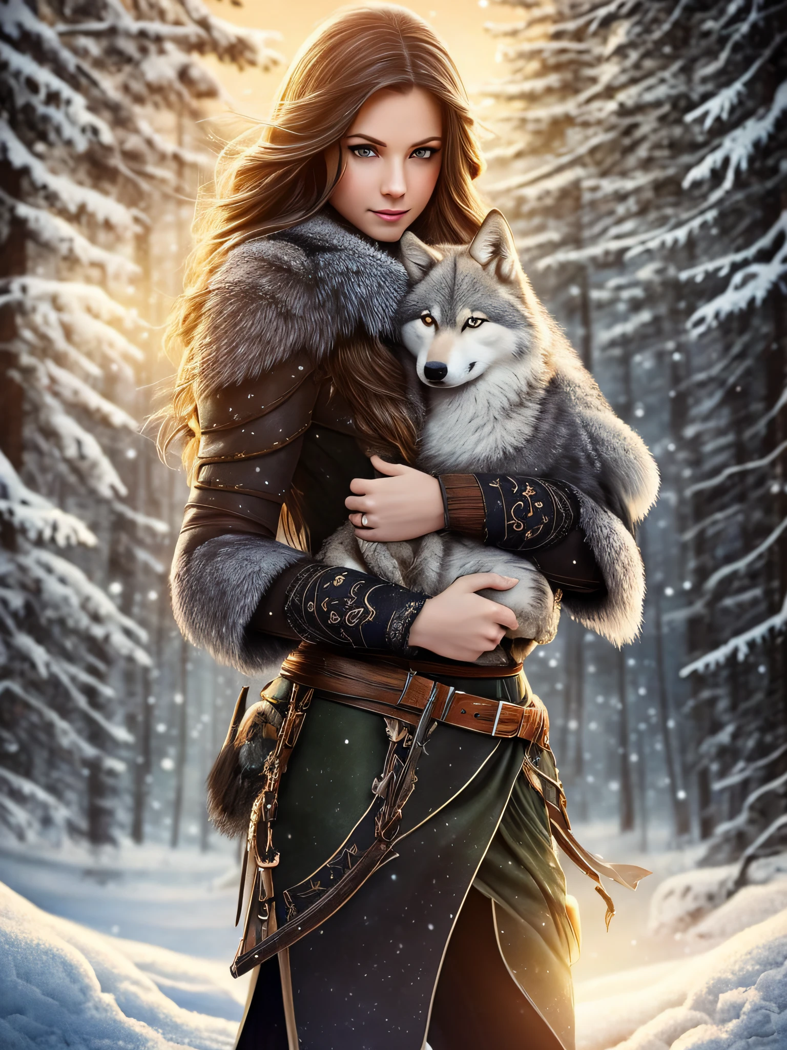Realistic, 8K, best quality, masterpiece, detailed, 1girl, a beautiful female, carrying a  wolf, full body, face focus, toned muscles, long legs, slim thighs, narrow hips, green eyes, tiny breasts, detailed face, sultry smile, beautiful eyes, detailed clothes, clear background, Normal skin, short black hair, detailed fur armor, boots, belt, detailed night winter background, stars, moon, soft lighting, best shadow, soft details, perfect composition, Intricate, Sharp focus, dramatic