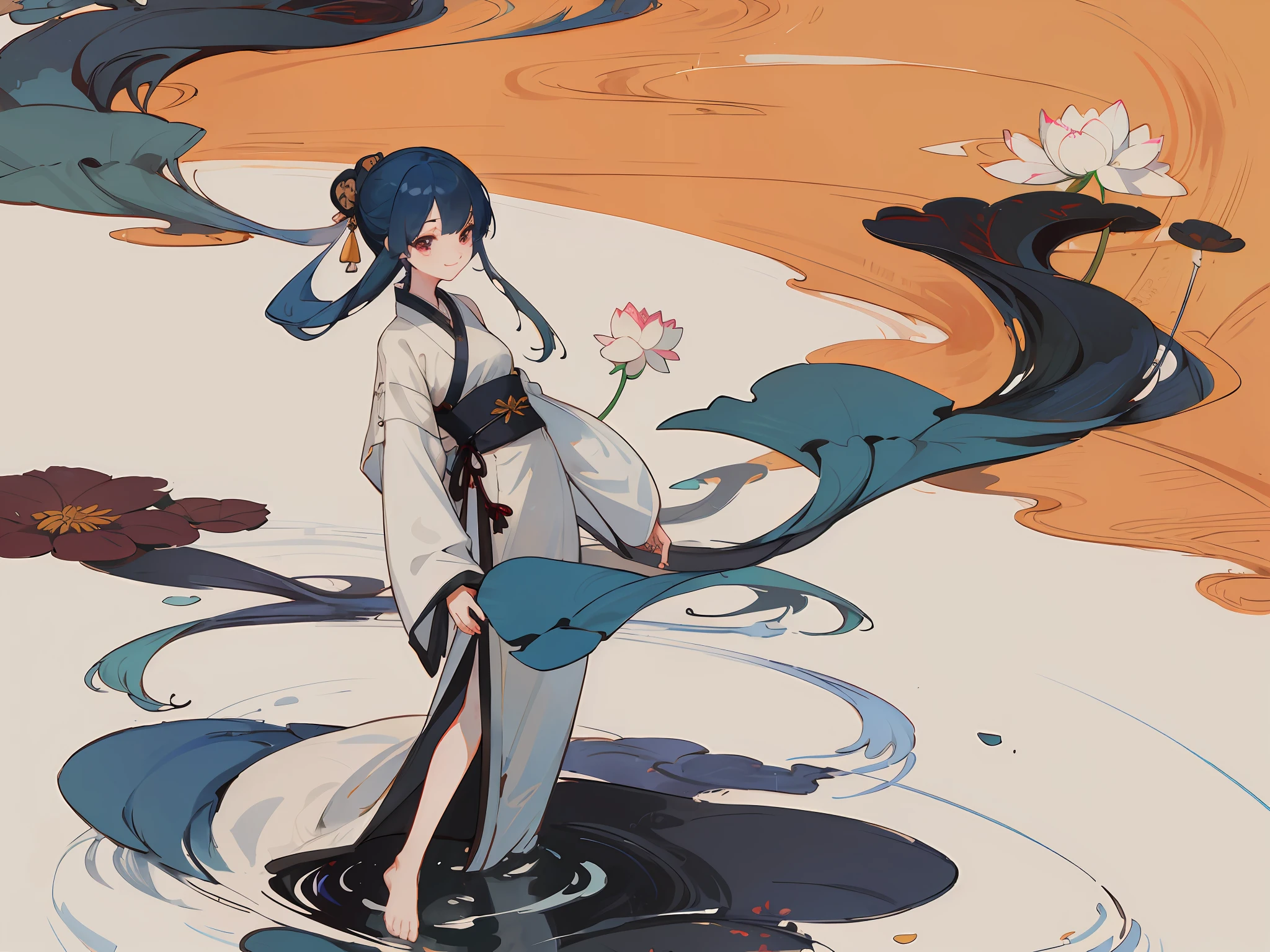 ((4k,masterpiece,best quality)), shuimobysim, traditional chinese ink painting, lotus, hanfu, maxiskit, dress conservatively 1girl, solo, long blue hair, smile, standing, feet in the water, barefoot,