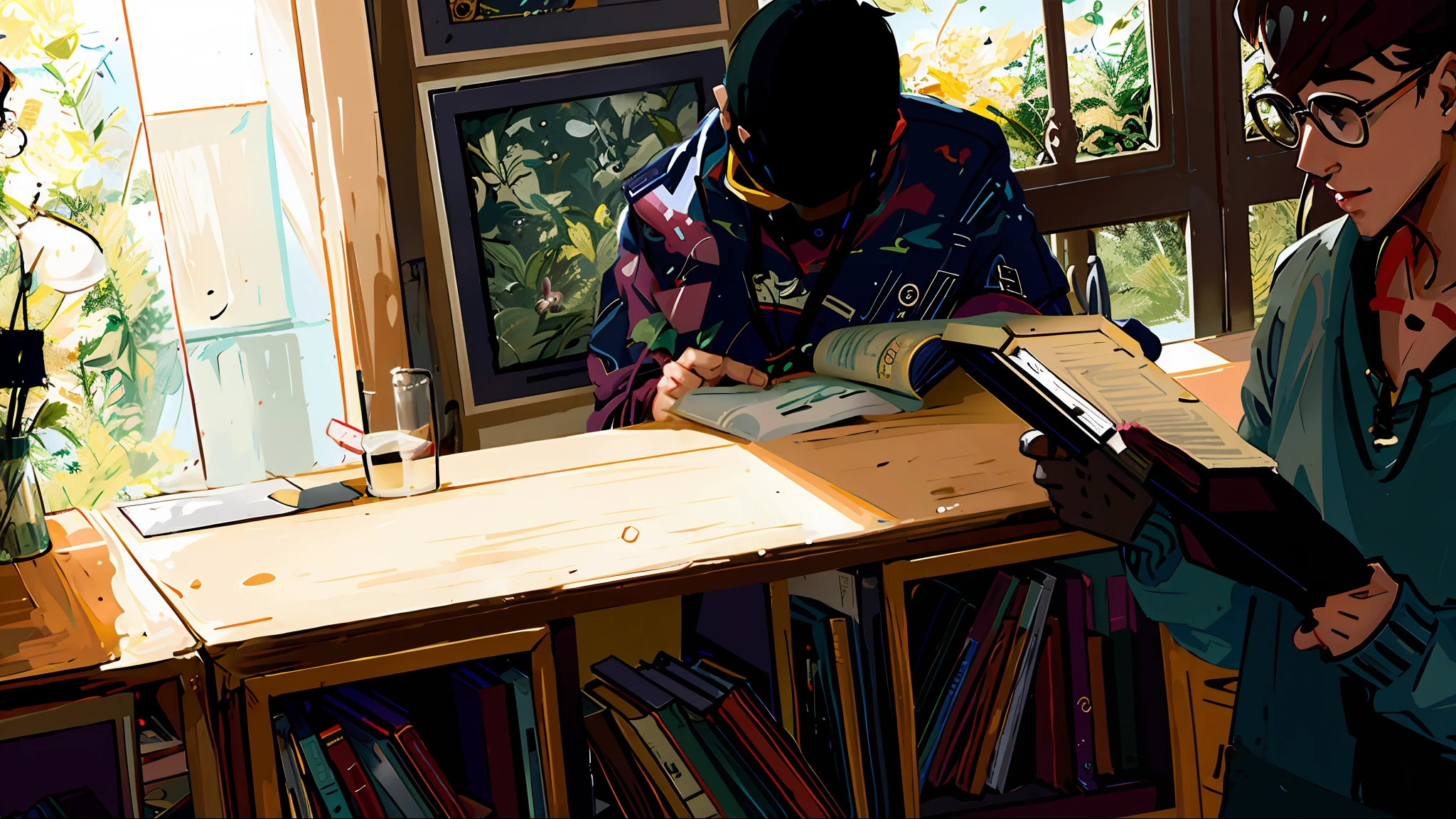 there are two men standing in a library reading books, reading in library, reading new book, trying to read, random artist, in a library, books all over the place, chinese artist, tending on art station, reading a book, reading, ruan jia and arthur rackham, book library studying, studious, jinyiwei, by Yi Yuanji