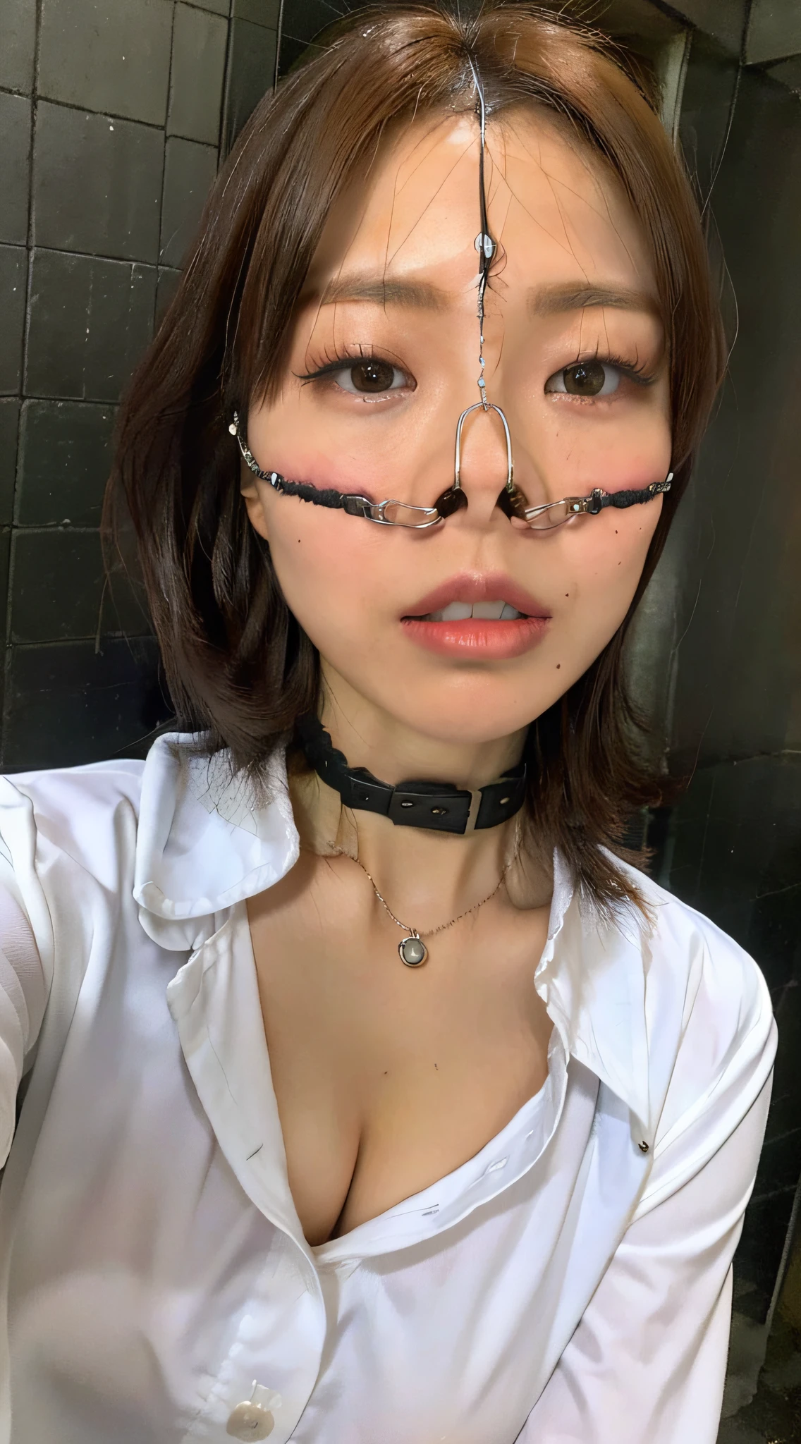 ((Best quality, 8k, Masterpiece: 1.3)), Sharp focus: 1.2, A beautiful woman with perfect body: 1.4, Slim abdomen: 1.2, ((Layered haircut, Large breasts: 1.2)), (no bra) (Small and beautiful hard nipple) (Thin and damp button up to shirt length: 1.1), (White shirt wet by rain), (Rain, Street: 1.2), Wet body: 1.1, Highly detailed face and skin texture, Detailed eyes, Double eyelid, tanned skin, sexy, tan, dark skin, tanned body, exposed shoulders, cleavage