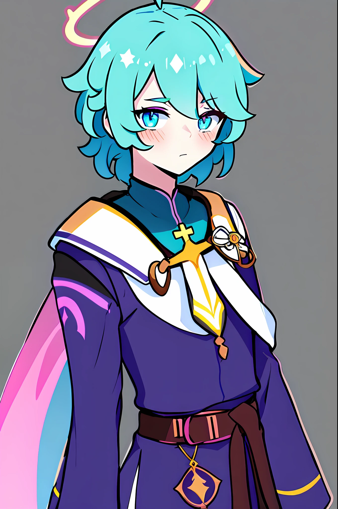 chibi, (best quality, masterpiece), young male, a man, blush, full_body, looking_at_viewer, off_shoulder, simple_background, solo, standing, white_background, (((best quality))),angel boy, male angel, curly short hair,hair on eyes, colorfull hair, aqua eyes, blue color palette, neon colors, fantasy, genshin impact, magic crosier, flat chest, leather corset, halo, catholic priest