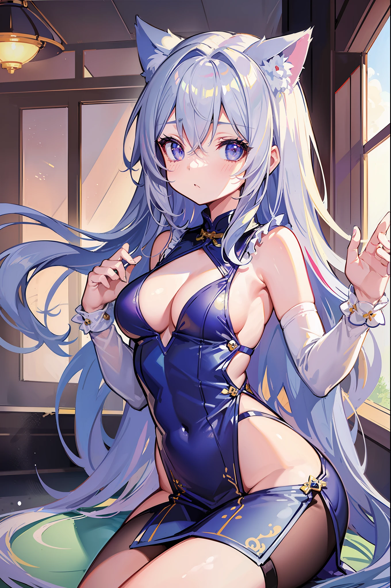 (Masterpiece), (Top Quality Anime Illustration), (Super Definition), One Girl, Solo, Silver-haired Beautiful Girl, Anime , Cat Ear Lolight Blue See-Through Cheongsam Dress, Short Cheongsam, Sleeveless, Small Breasts, Cleavage Emphasis, Underboob, Tummy, Thighs