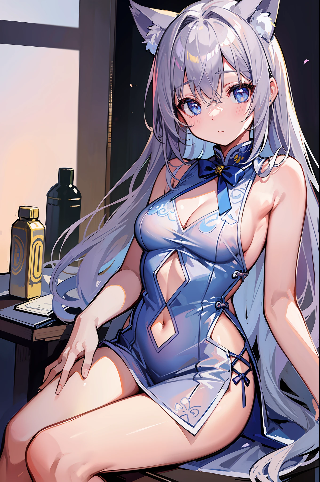 (Masterpiece), (Top Quality Anime Illustration), (Super Definition), One Girl, Solo, Silver-haired Beautiful Girl, Anime , Cat Ear Lolight Blue See-Through Cheongsam Dress, Short Cheongsam, Sleeveless, Small Breasts, Cleavage Emphasis, Underboob, Tummy, Thighs