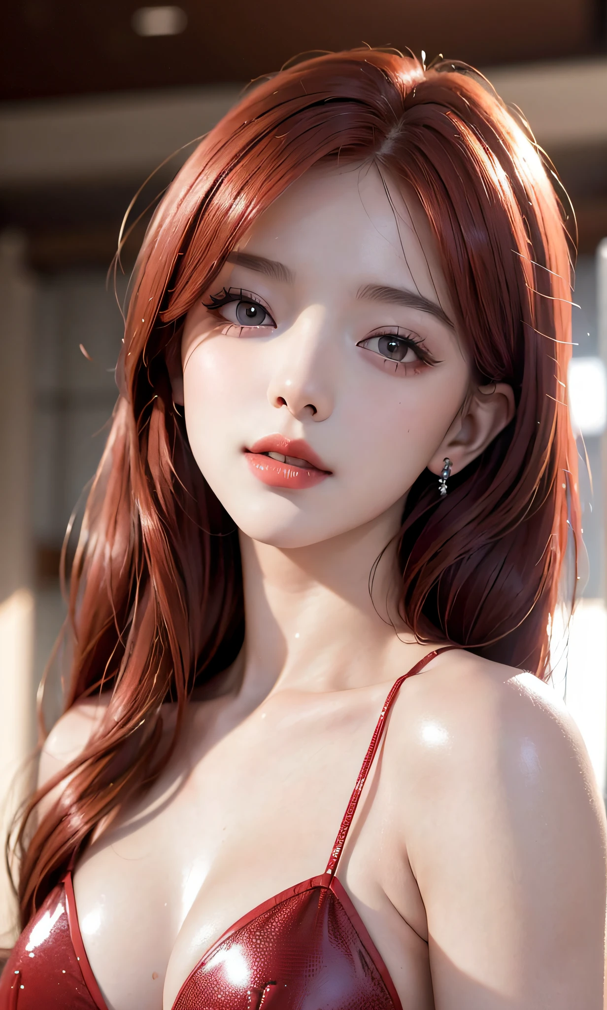 (8k, RAW photo, photorealistic:1.25) ,long red hair, ( lip gloss, eyelashes, glossy side, shiny skin, best quality, ultra-high resolution, depth of field, chromatic aberration, caustics, wide light, natural shadow, Kpop idol) Watch the audience with serenity and goddess-like happiness,