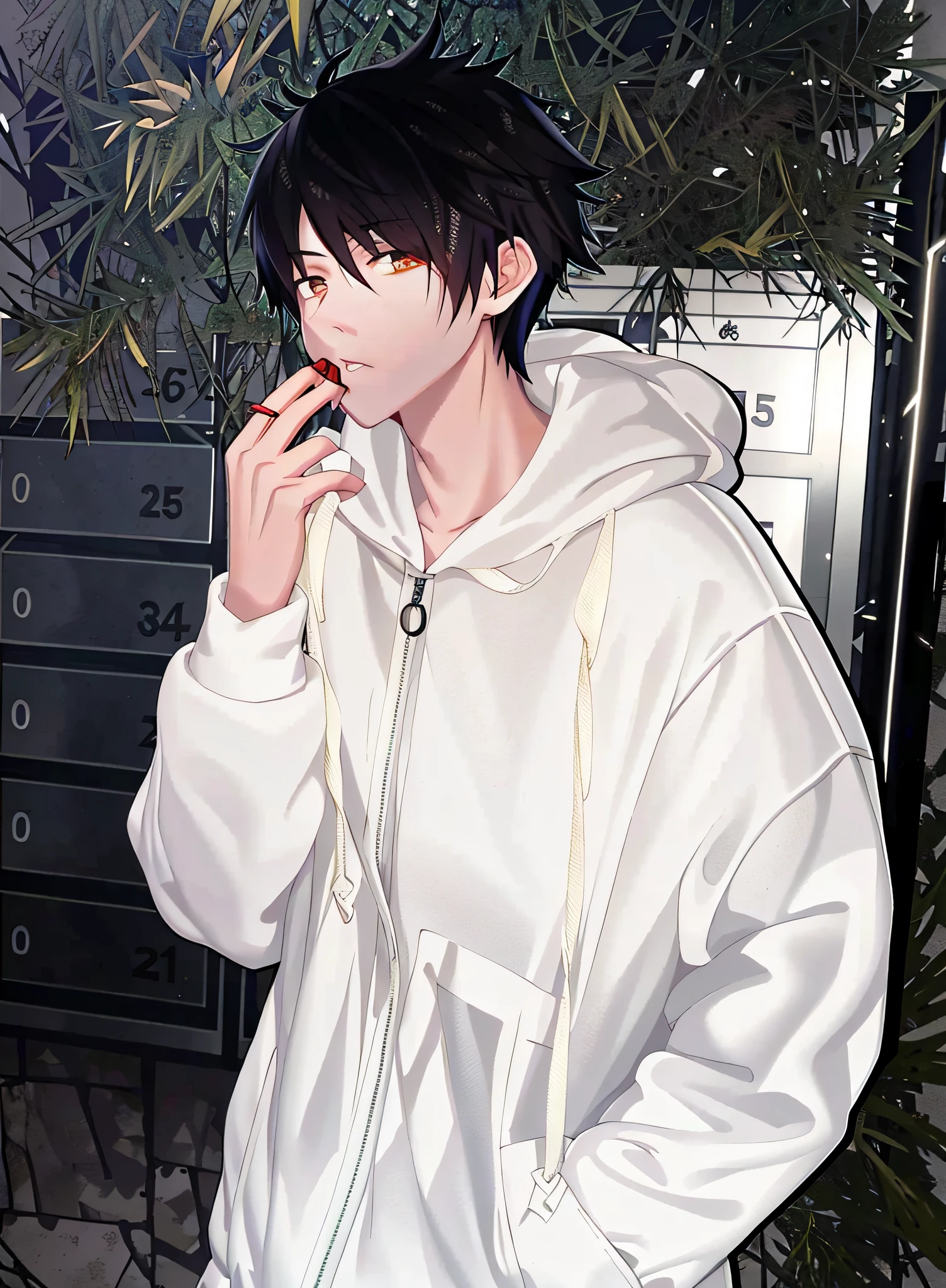 araffe wearing a white hoodie talking on a cell phone, male ulzzang, cai xukun, ulzzang, jinyoung shin, kim doyoung, japanese streetwear, beige hoodie, style of kentaro miura!!!!, handsome japanese demon boy, sakimichan, wearing an oversized hoodie, profile shot, with short hair, in a hoodie