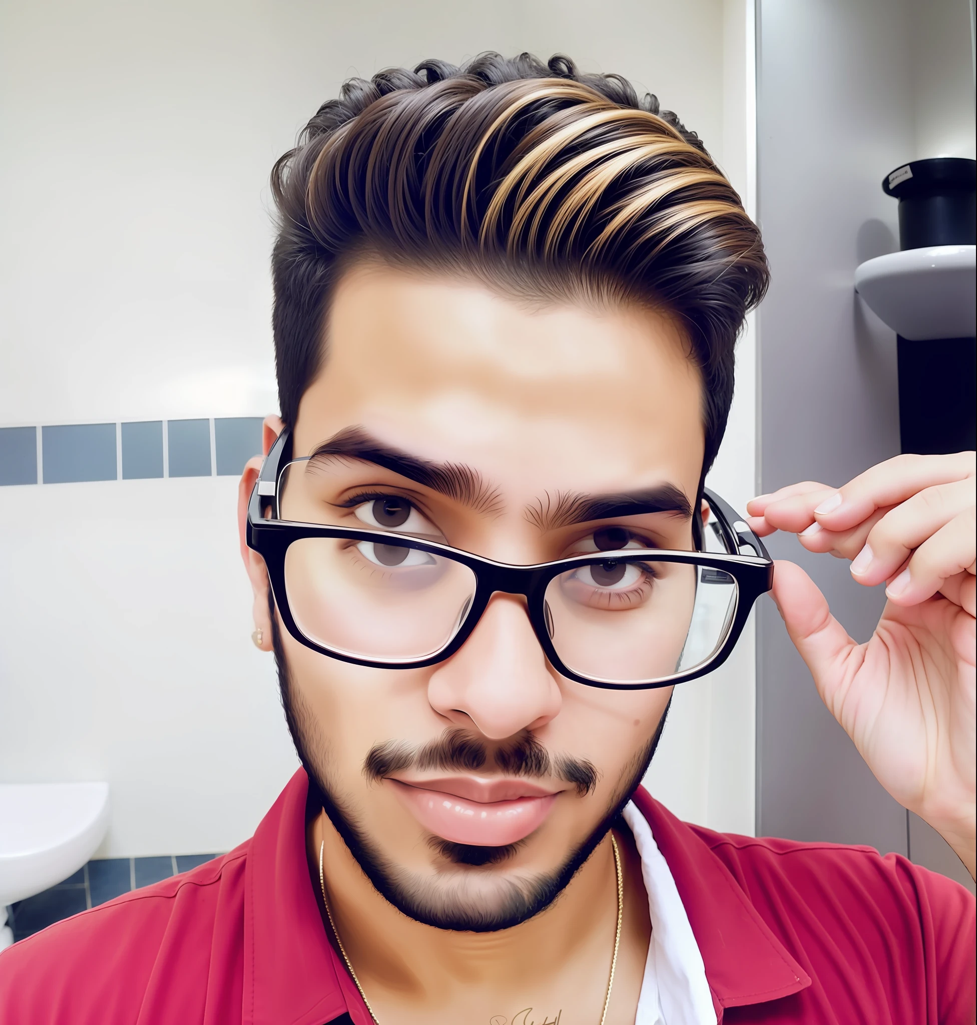 arafed man with glasses and a beard in a bathroom, zigor samaniego style, mohamed chahin style, andres rios, mohamed chahin, jewish young man with glasses, uploaded, profile image, with glasses, man with glasses, ismail, hasan piker, mohamed reda, 21 years old, 2 2 years old