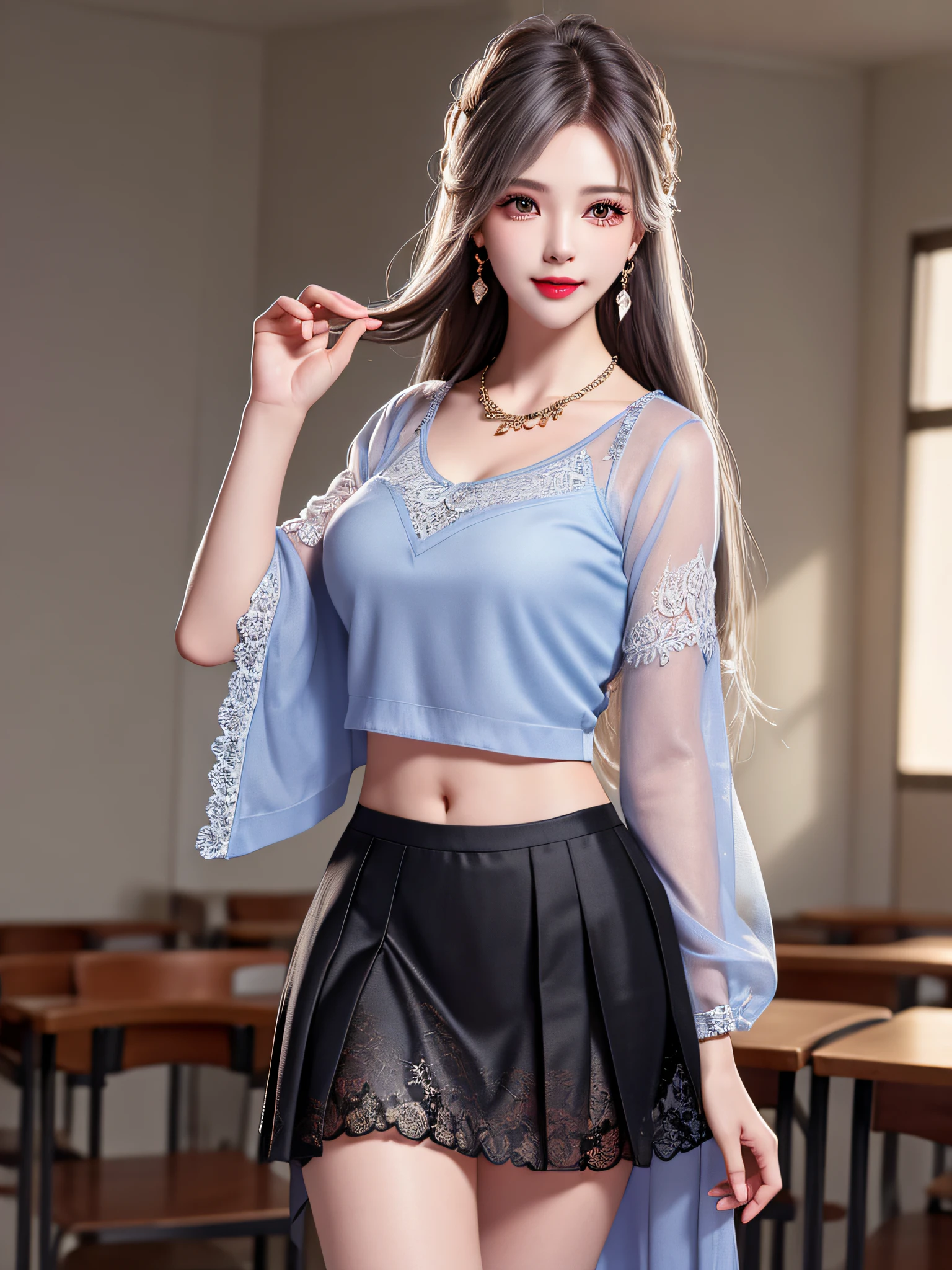 Female Teacher Standing in Classroom v6, (Thinking Held on the Wall) Necklace, Earrings, Full Body V6, Long Gray Hair, Translucent Clothes, Visible, Superb, Ultra High Definition, RAW Photo, Realism 1.25), (Bright Lip Gloss, Long Eyelashes, Smooth) Face, Bright Skin, Natural Shadows, Wide Light, Wide Light, Depth of Field, Strong Colors, Subtle Caustics: 0.8), Smile, (Big), v6 (( Skirt up))) (black lace underwear)