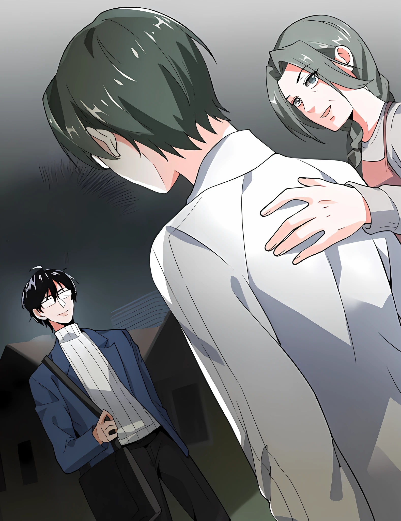 Anime men and women hug with their backs against the building, with Yandere, tall, Ryuuou no Oshigoto art style, and digital illustrations like Yanagawa Shinda that will never be erased.